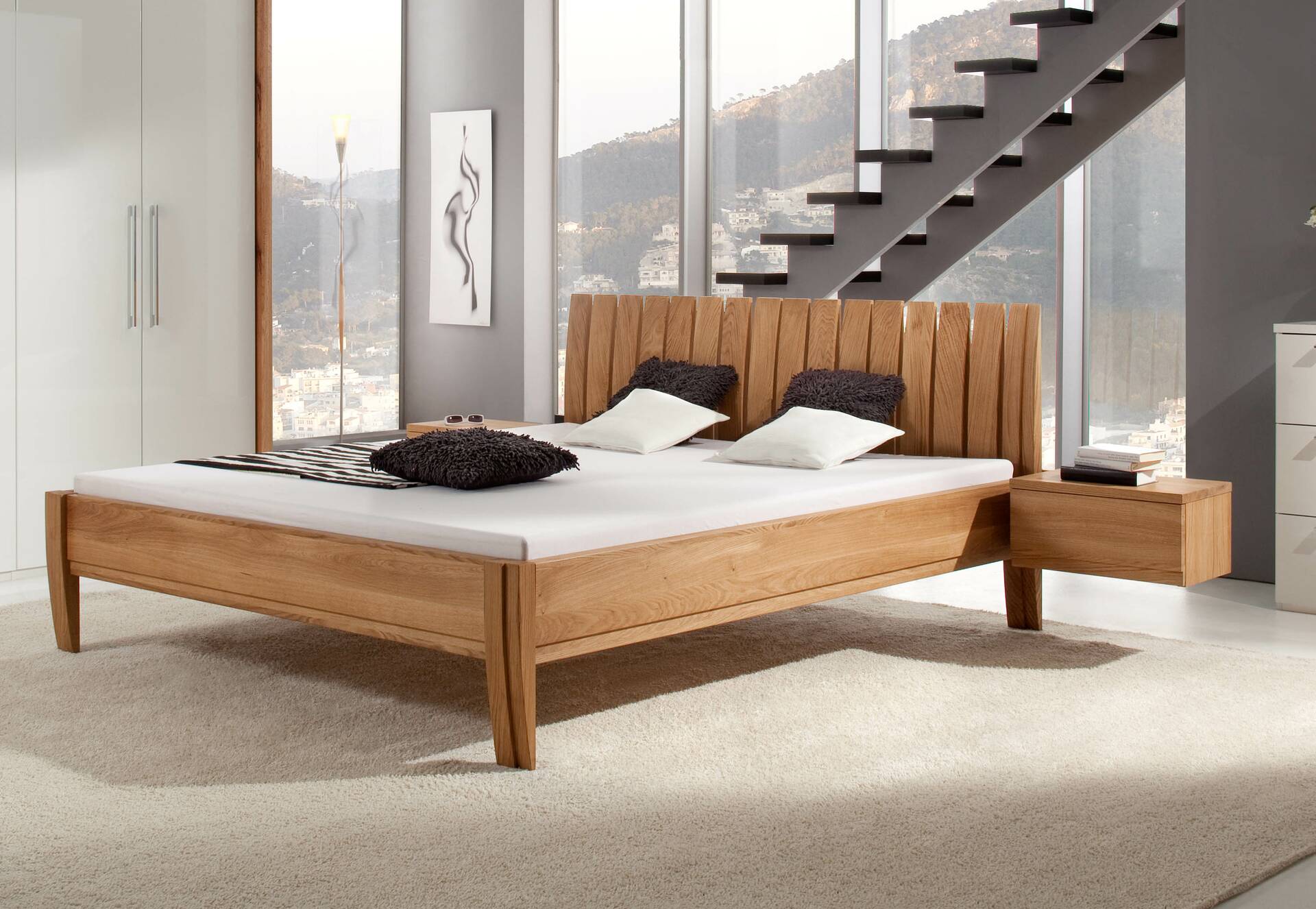 COMOS Wildeiche Massivholzbett Doppelbett Sprossen Kopfteil 