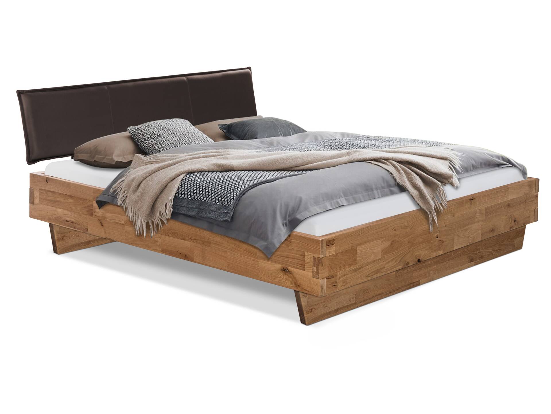 CORDINO Wangenbett aus Eiche mit Polsterkopfteil, Material Massivholz 120 x 200 cm | Eiche unbehandelt | Kunstleder Braun ohne Steppung | gebürstet
