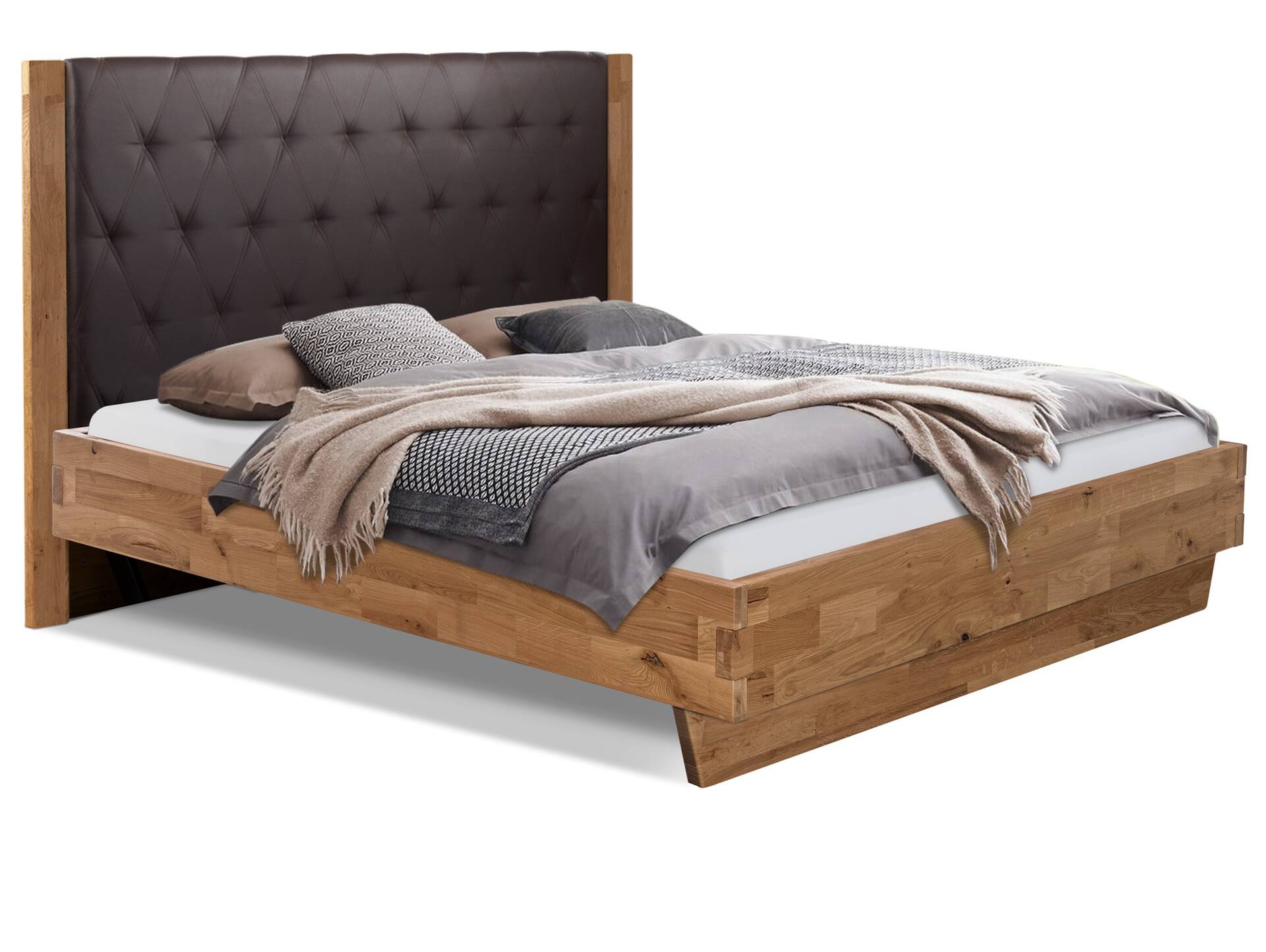 CORDINO Wangenbett aus Eiche mit gestepptem Polsterkopfteil, Material Massivholz 120 x 200 cm | Eiche unbehandelt | Kunstleder Braun | gebürstet