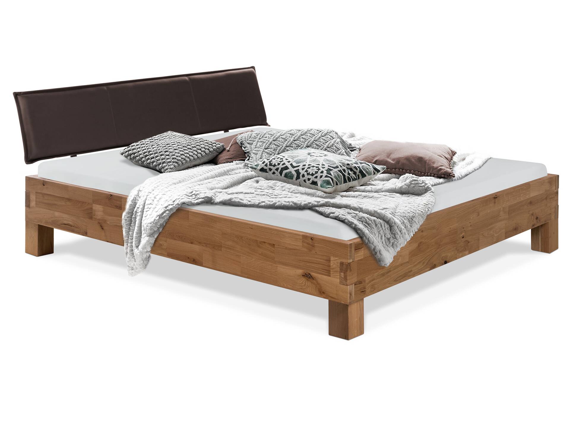 CORDINO 4-Fuß-Bett aus Eiche mit Polster-Kopfteil, Material Massivholz 120 x 200 cm | Eiche unbehandelt | Kunstleder Braun | gebürstet