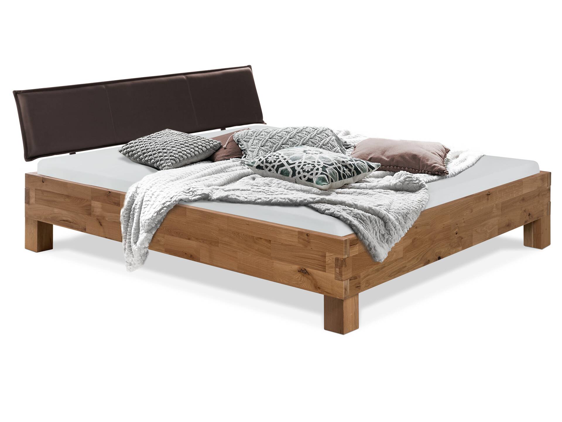 CORDINO 4-Fuß-Bett aus Eiche mit Polster-Kopfteil, Material Massivholz 160 x 200 cm | Eiche lackiert  | Kunstleder Braun ohne Steppung | gebürstet
