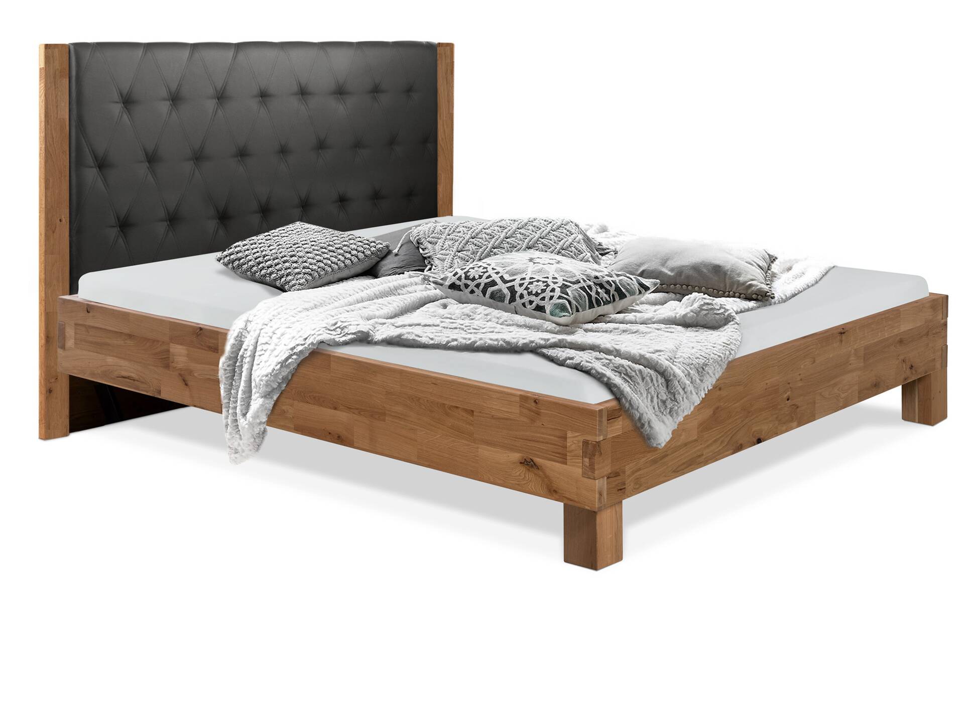 CORDINO 4-Fuß-Bett aus Eiche mit gestepptem Polster-Kopfteil, Material Massivholz 160 x 220 cm | Eiche lackiert | Kunstleder Schwarz | gebürstet