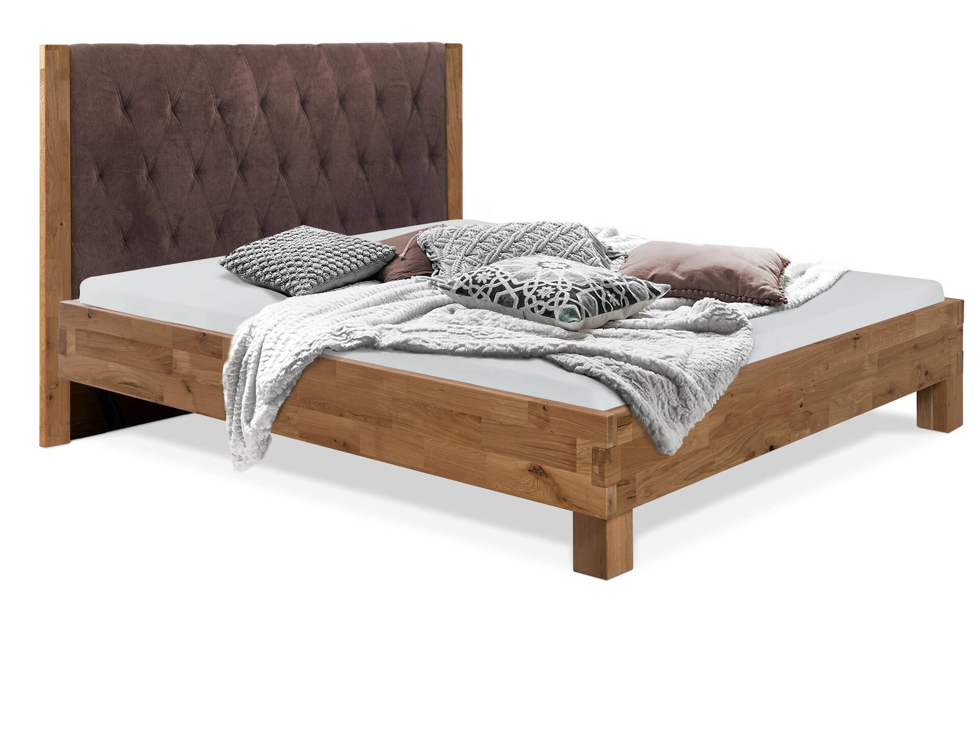 CORDINO 4-Fuß-Bett aus Eiche mit gestepptem Polster-Kopfteil, Material Massivholz 160 x 220 cm | Eiche lackiert | Stoff Braun | gebürstet
