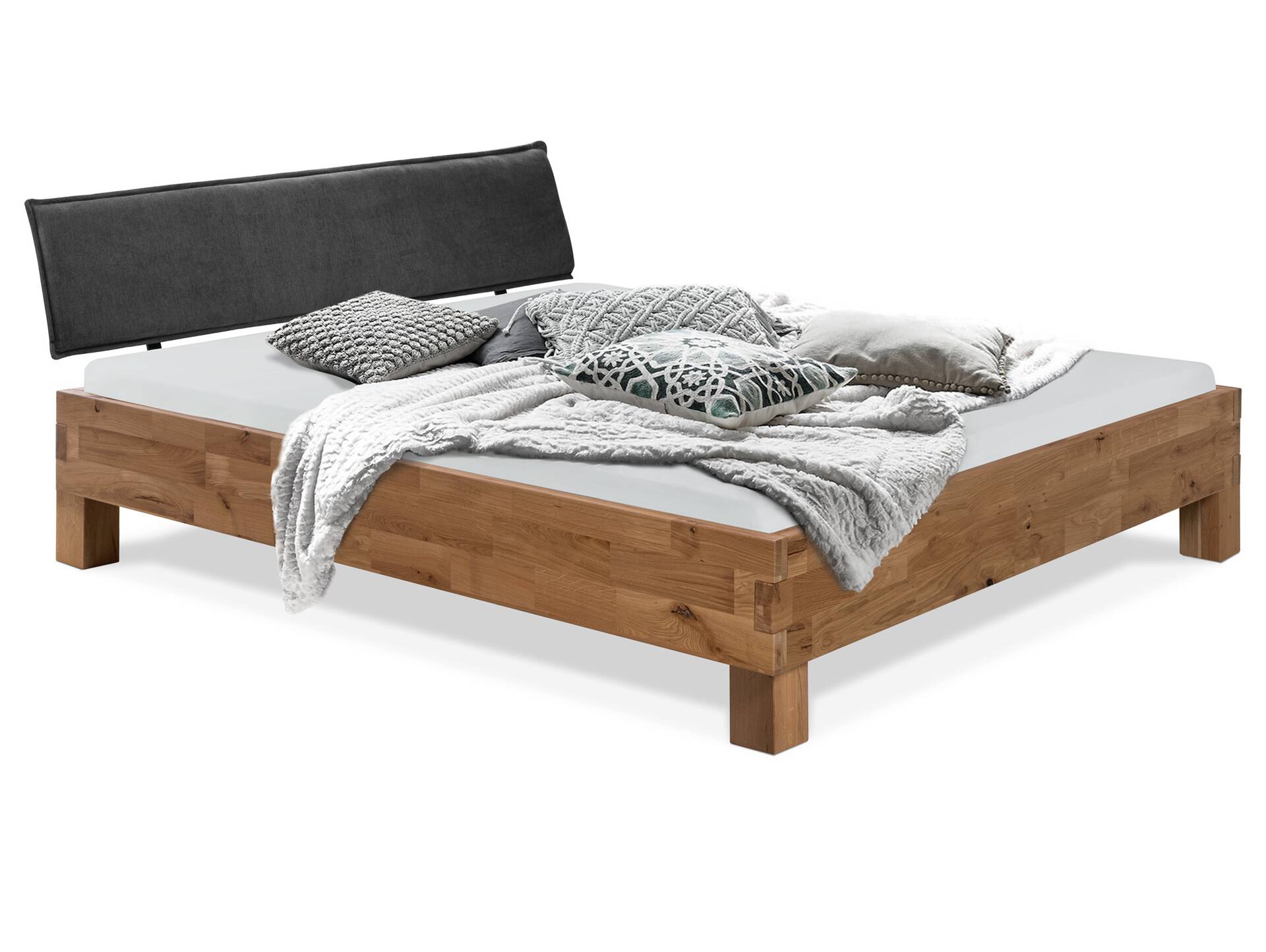 CORDINO 4-Fuß-Bett aus Eiche mit Polster-Kopfteil, Material Massivholz 120 x 220 cm | Eiche unbehandelt | Stoff Anthrazit | gebürstet