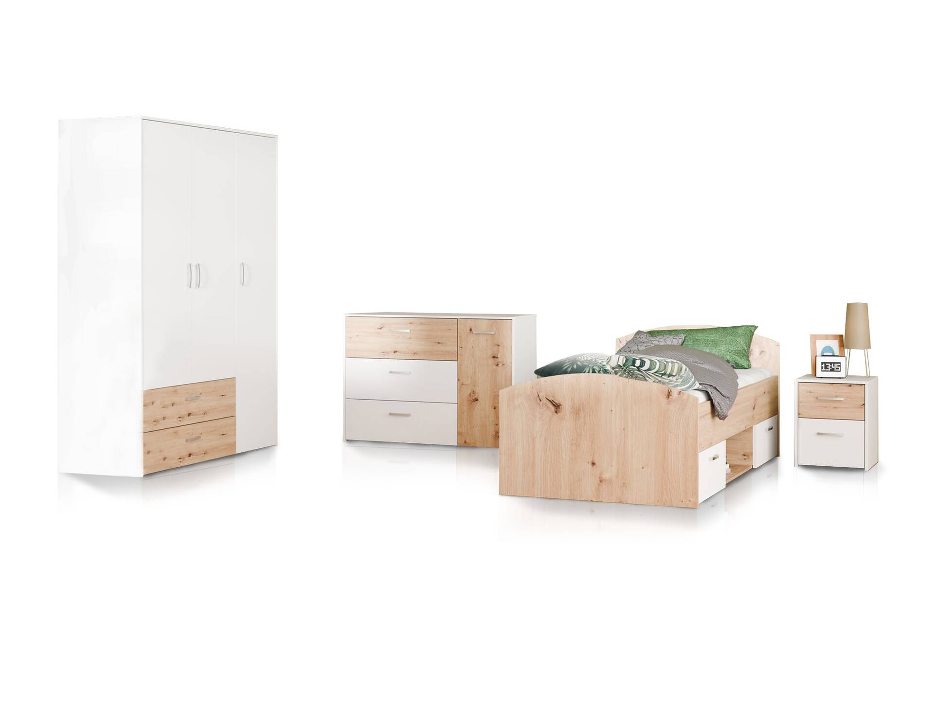 CARLITO 4-teiliges Jugendzimmer, Material Dekorspanplatte, Artisan eichefarbig/weiss 