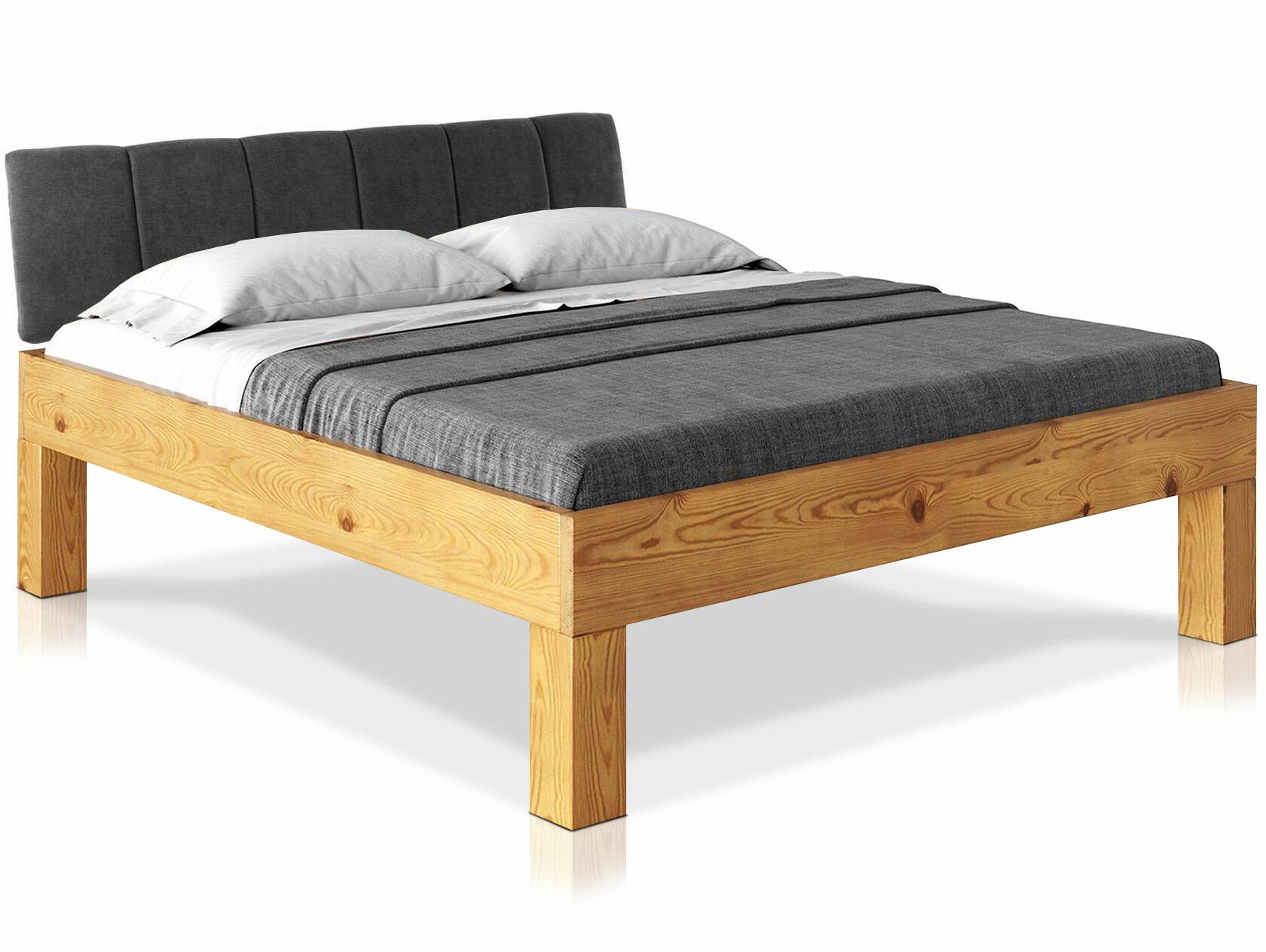CURBY 4-Fuß-Bett mit Polsterkopfteil, Material Massivholz, rustikale Altholzoptik, Fichte 120 x 200 cm | natur | Stoff Anthrazit mit Steppung | Komforthöhe