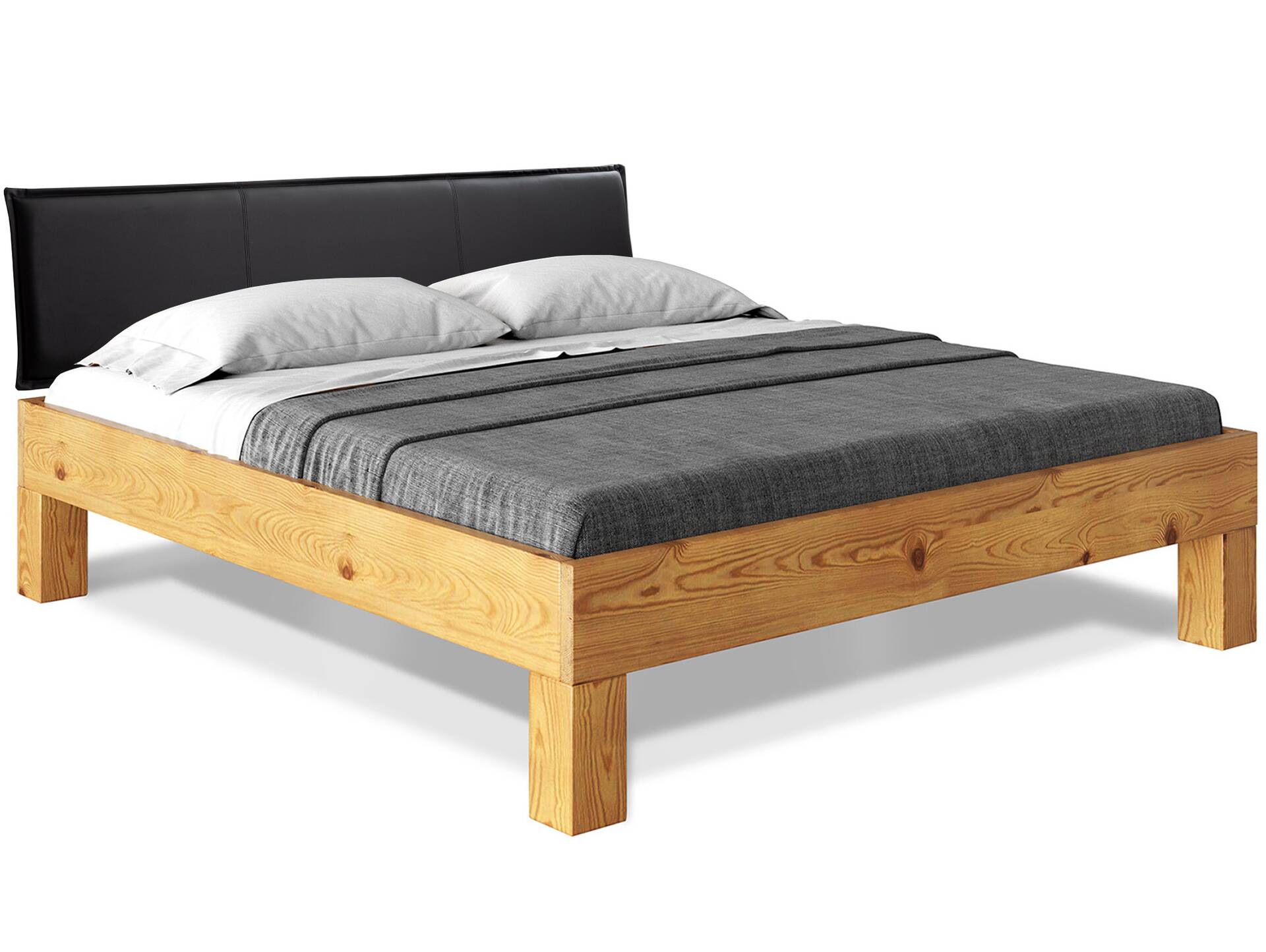 CURBY 4-Fuß-Bett mit Polster-Kopfteil, Material Massivholz, rustikale Altholzoptik, Fichte 140 x 200 cm | natur | Kunstleder Schwarz ohne Steppung | Standardhöhe