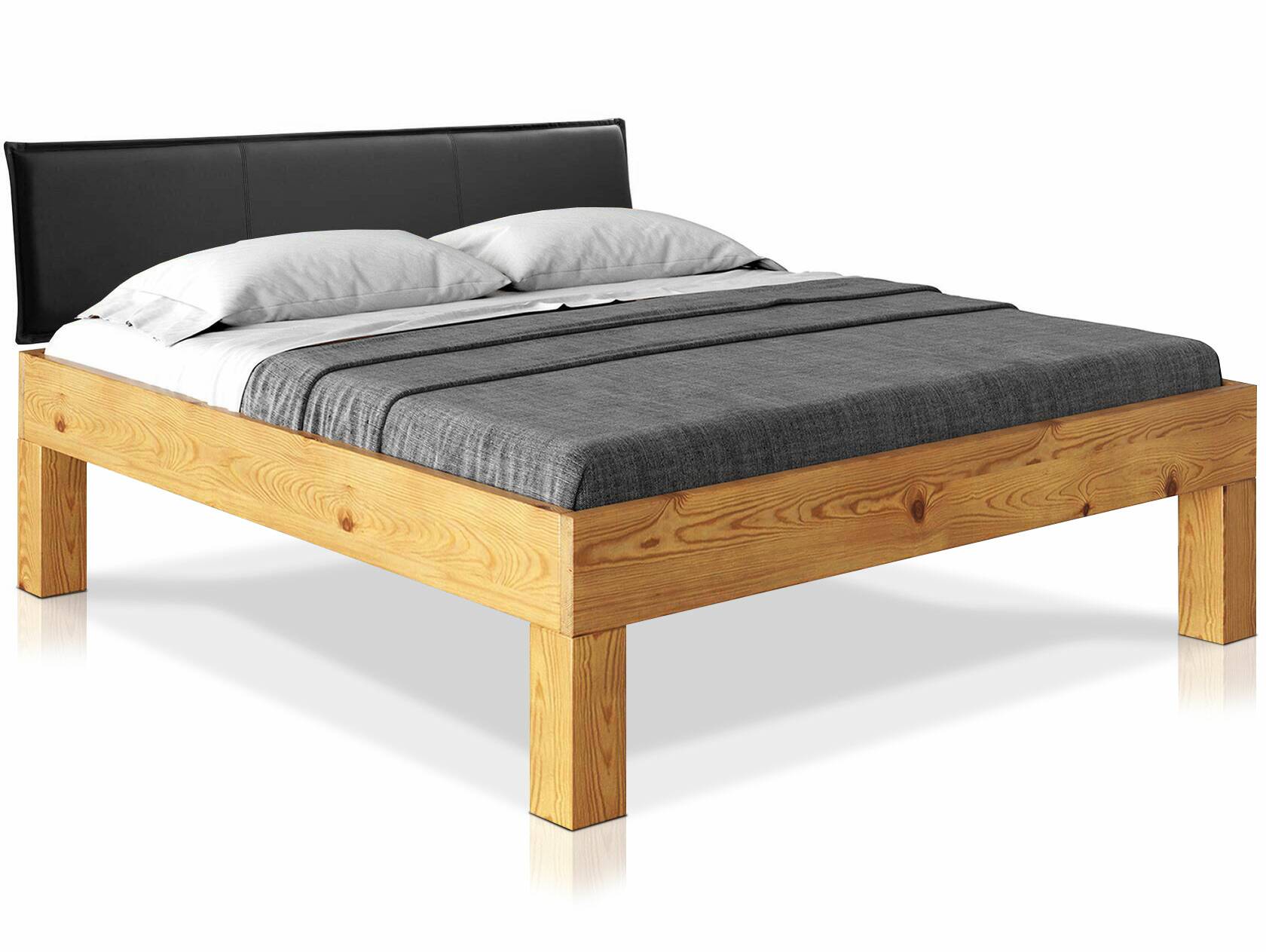CURBY 4-Fuß-Bett mit Polsterkopfteil, Material Massivholz, rustikale Altholzoptik, Fichte 160 x 200 cm | natur | Kunstleder Schwarz ohne Steppung | Komforthöhe