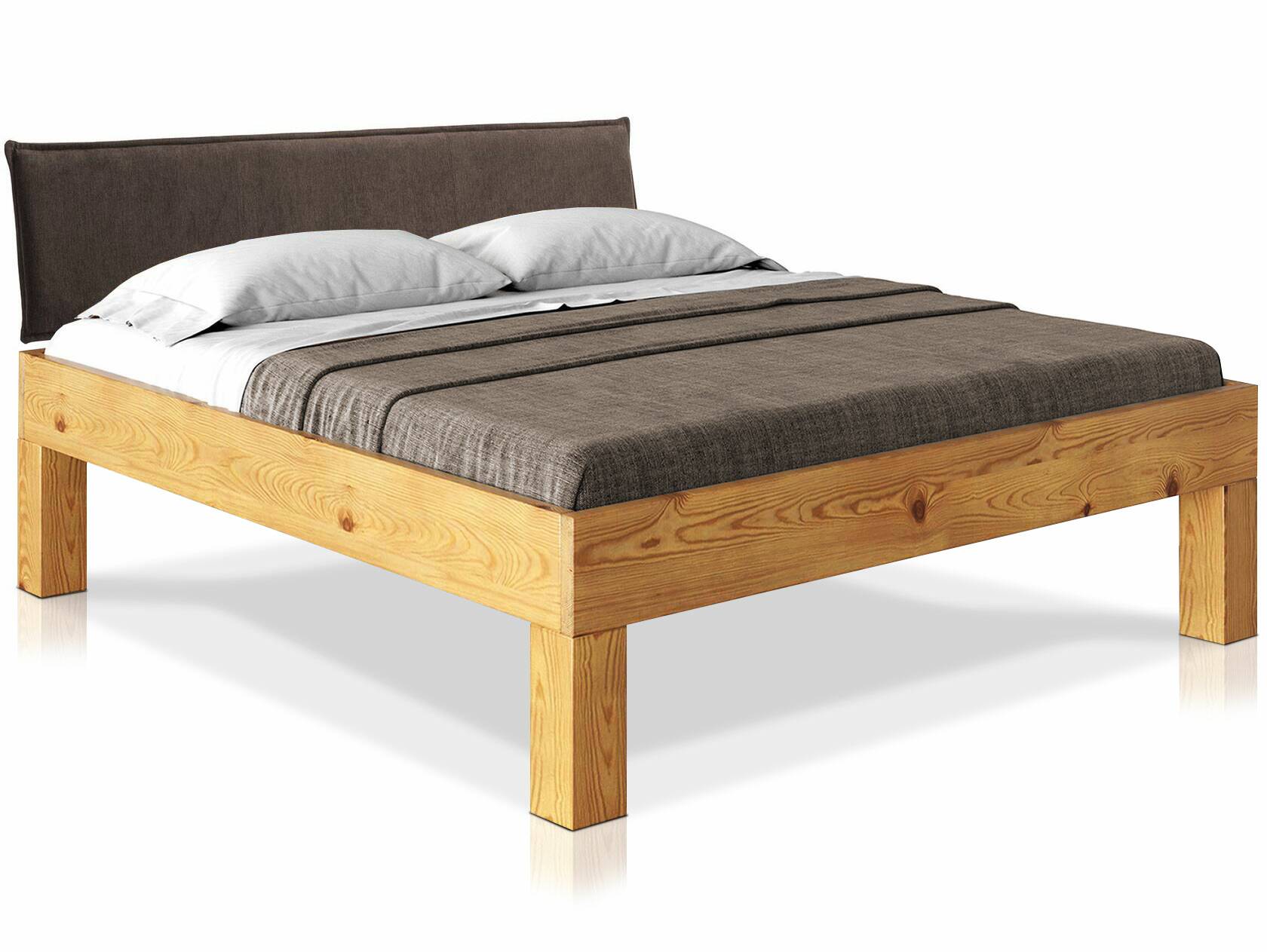 CURBY 4-Fuß-Bett mit Polster-Kopfteil, Material Massivholz, rustikale Altholzoptik, Fichte 120 x 200 cm | natur | Stoff Braun ohne Steppung | Komforthöhe
