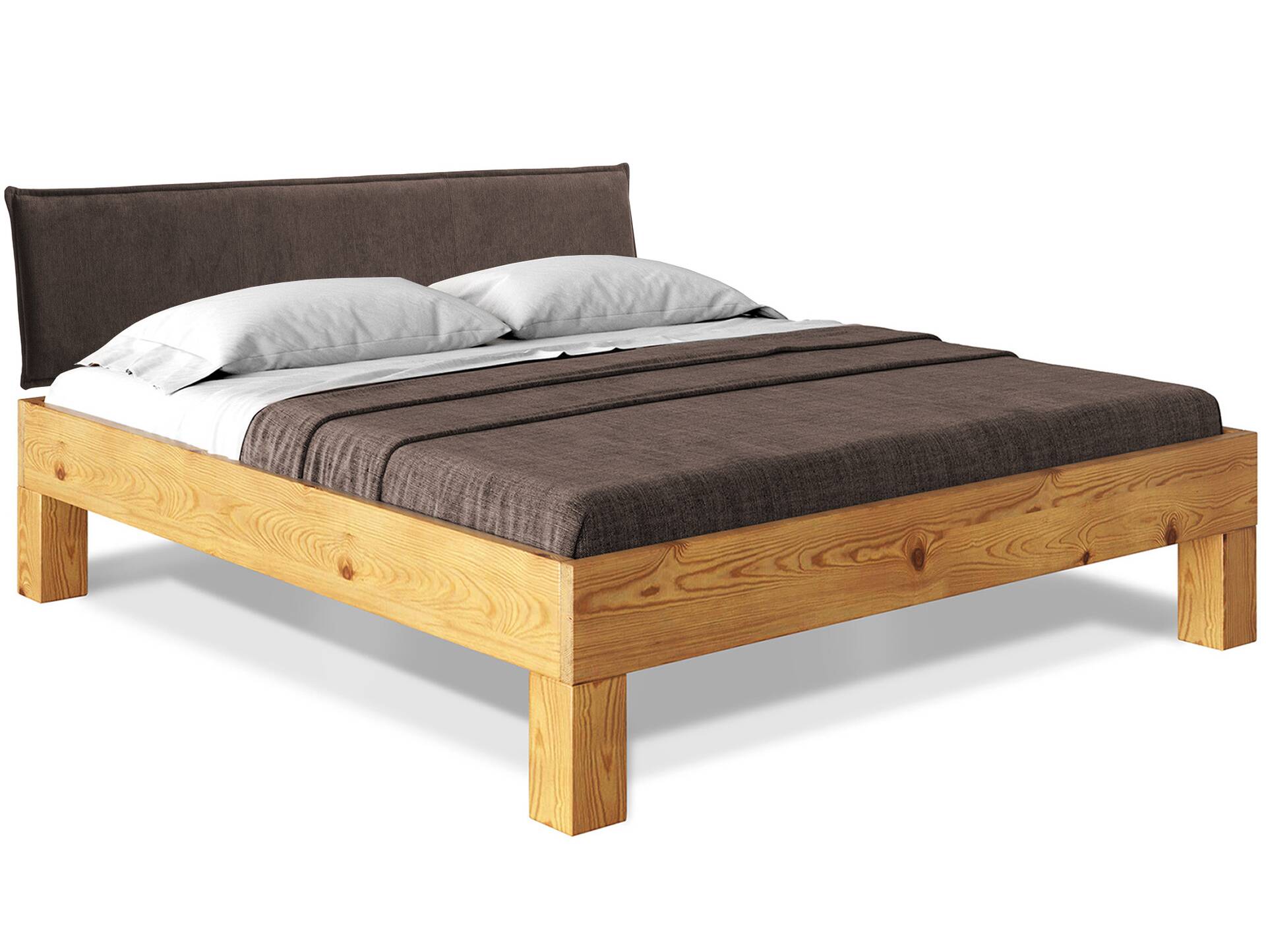 CURBY 4-Fuß-Bett mit Polster-Kopfteil, Material Massivholz, rustikale Altholzoptik, Fichte 90 x 200 cm | natur | Stoff Braun ohne Steppung | Standardhöhe