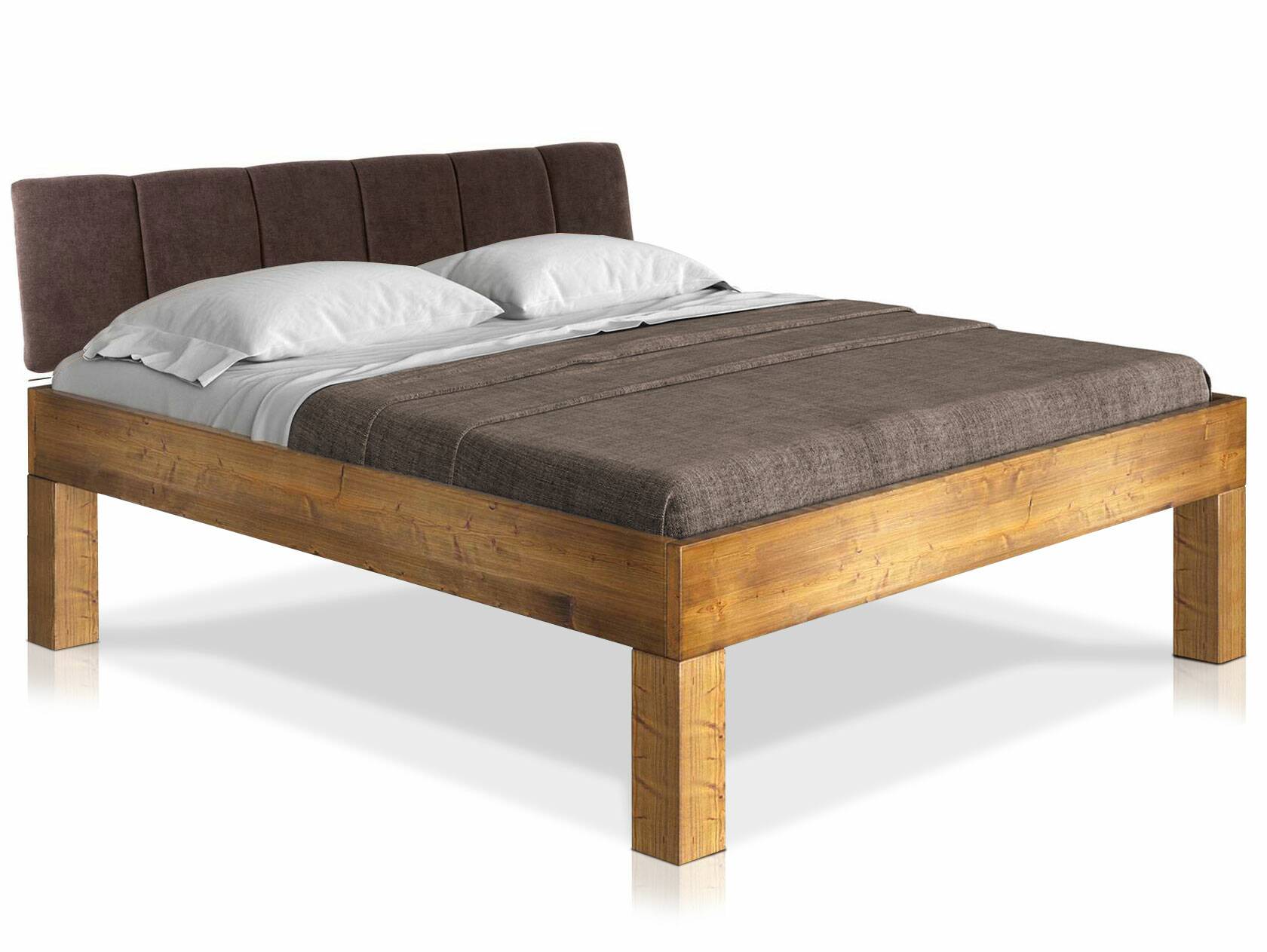 CURBY 4-Fuß-Bett mit Polsterkopfteil, Material Massivholz, rustikale Altholzoptik, Fichte 120 x 200 cm | vintage | Stoff Braun mit Steppung | Komforthöhe
