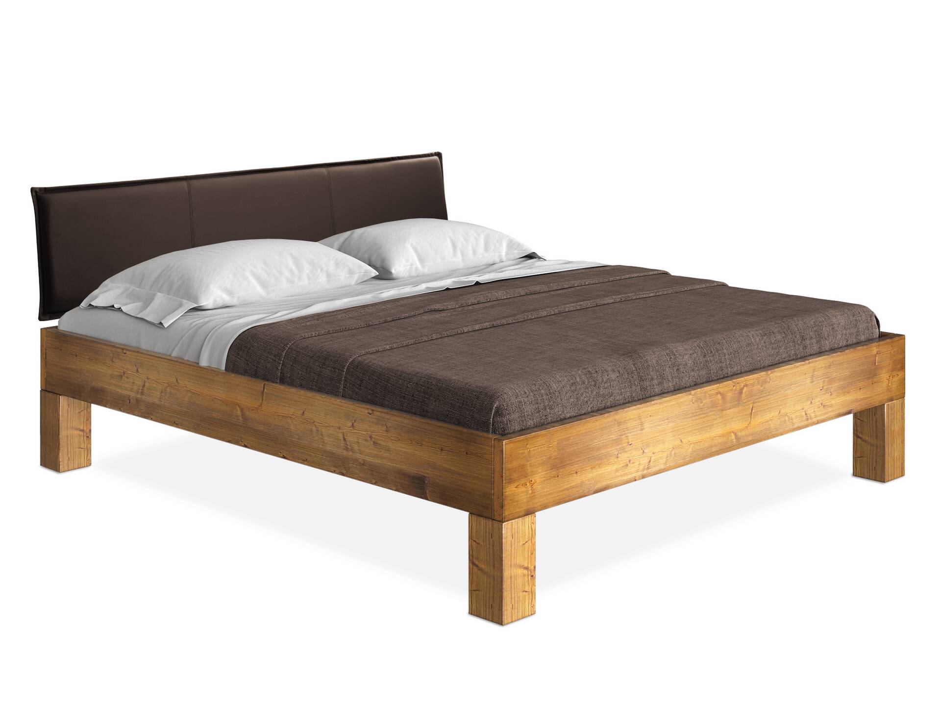 CURBY 4-Fuß-Bett mit Polsterkopfteil, Material Massivholz, rustikale Altholzoptik, Fichte 140 x 200 cm | vintage | Kunstleder Braun ohne Steppung | Standardhöhe