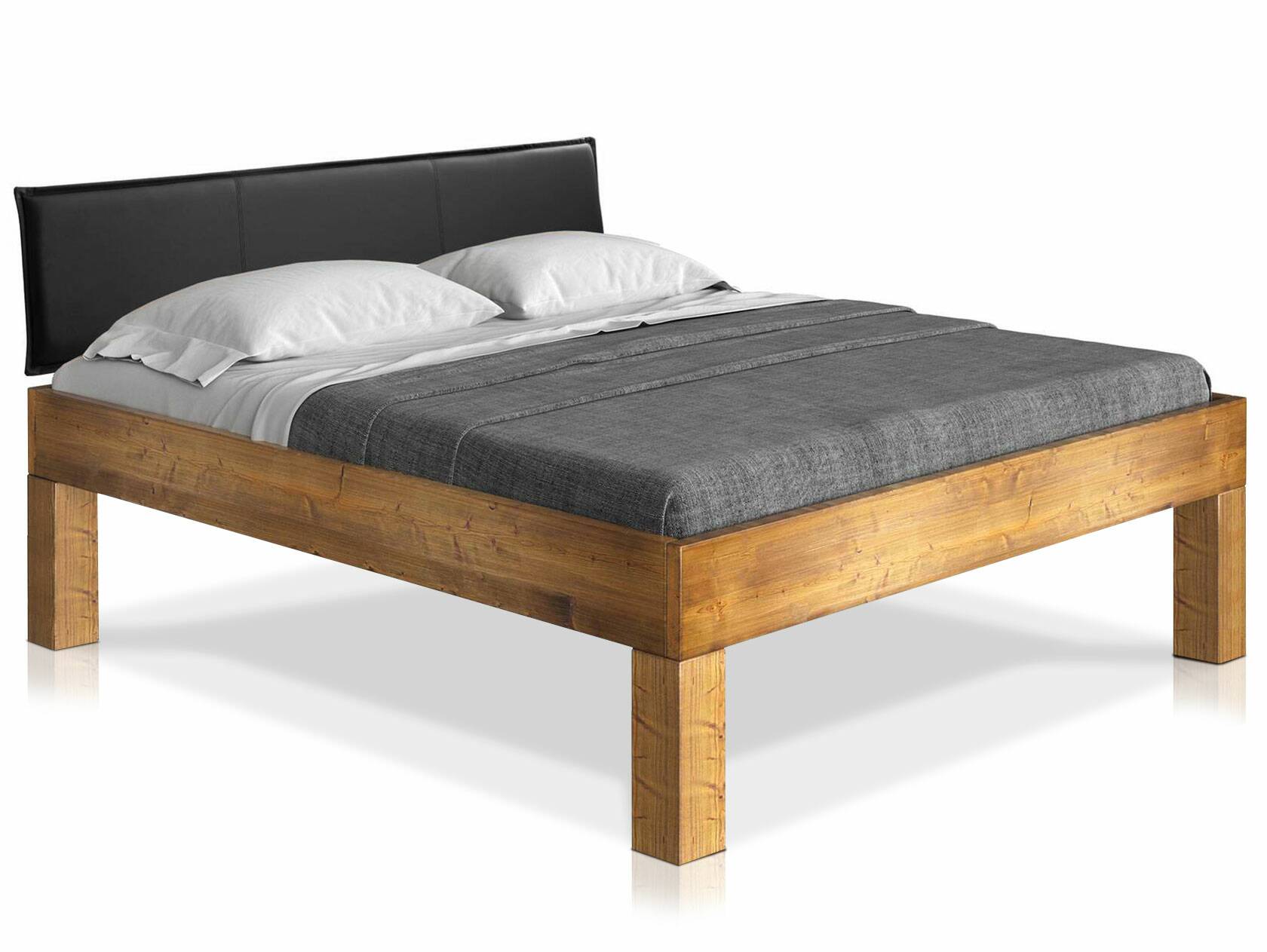 CURBY 4-Fuß-Bett mit Polster-Kopfteil, Material Massivholz, rustikale Altholzoptik, Fichte 120 x 200 cm | vintage | Kunstleder Schwarz ohne Steppung | Komforthöhe