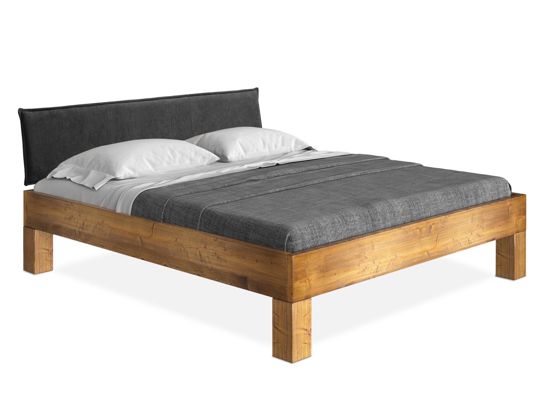 CURBY 4-Fuß-Bett mit Polsterkopfteil, Material Massivholz, rustikale Altholzoptik, Fichte 140 x 200 cm | vintage | Stoff Anthrazit ohne Steppung | Standardhöhe