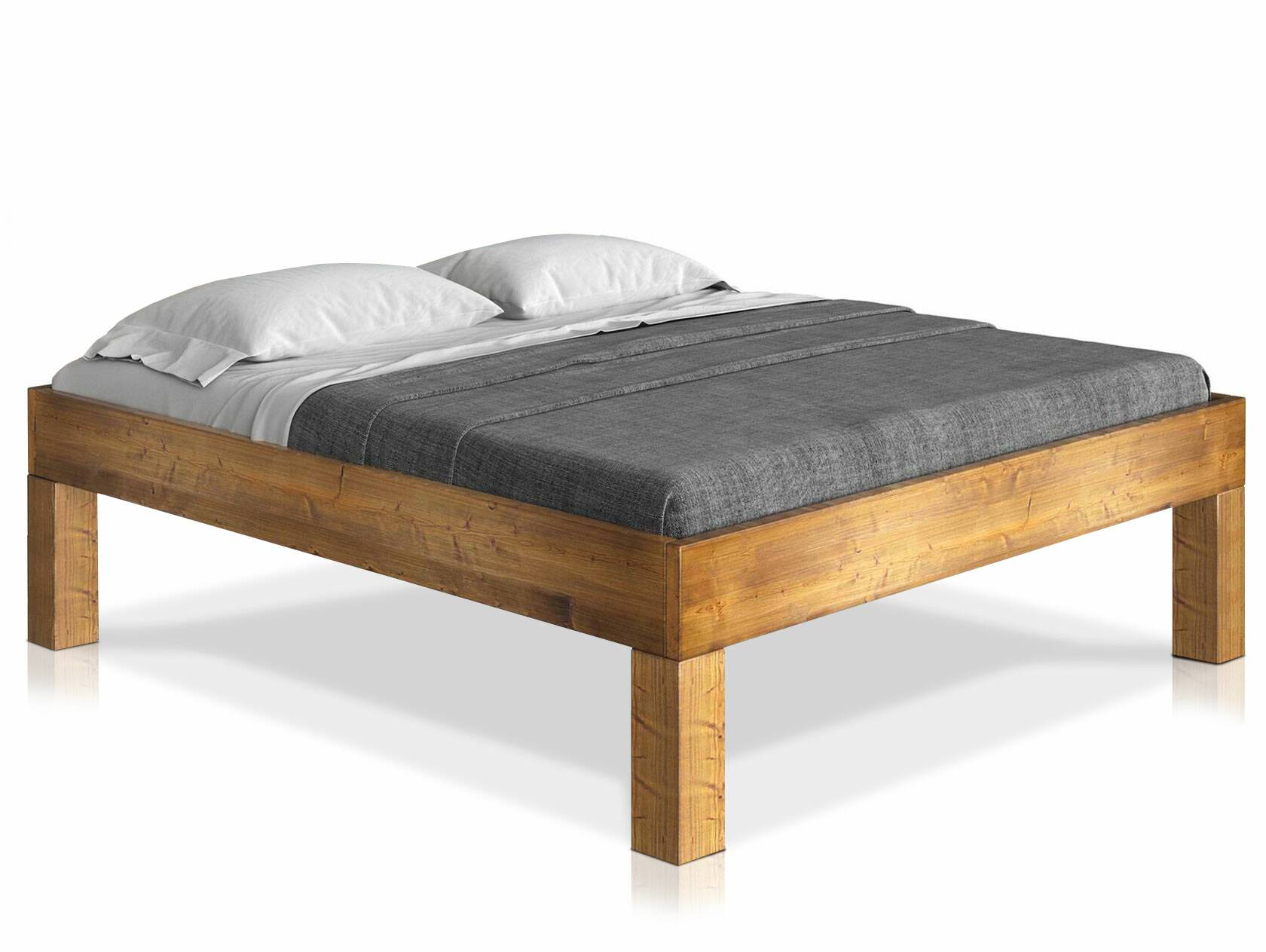 CURBY 4-Fuß-Bett ohne Kopfteil, Material Massivholz, rustikale Altholzoptik, Fichte 200 x 200 cm | vintage | Komforthöhe