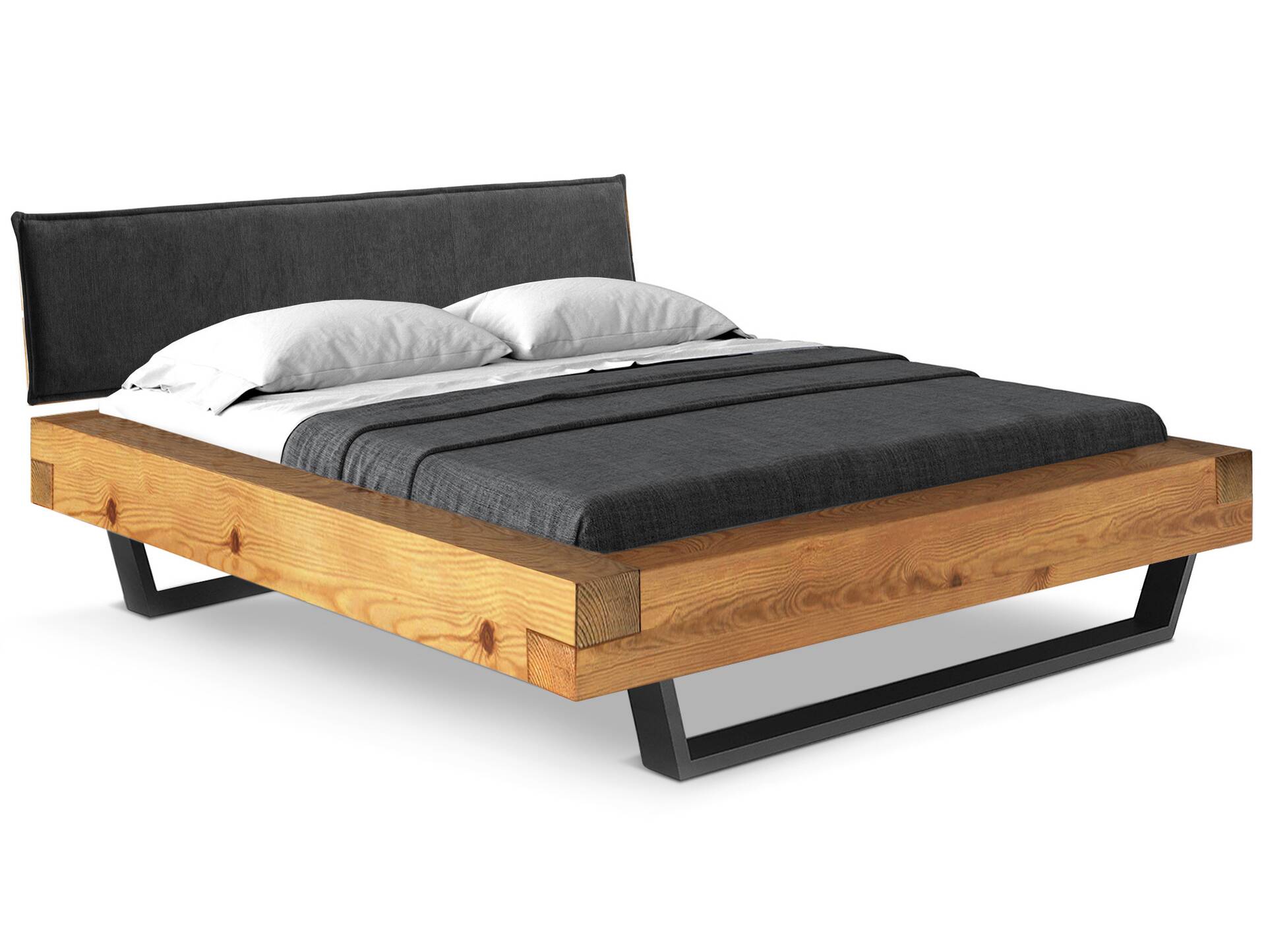 CURBY Balkenbett mit Polsterkopfteil, Kufenfuß, Material Massivholz 180 x 220 cm | natur | Stoff Anthrazit