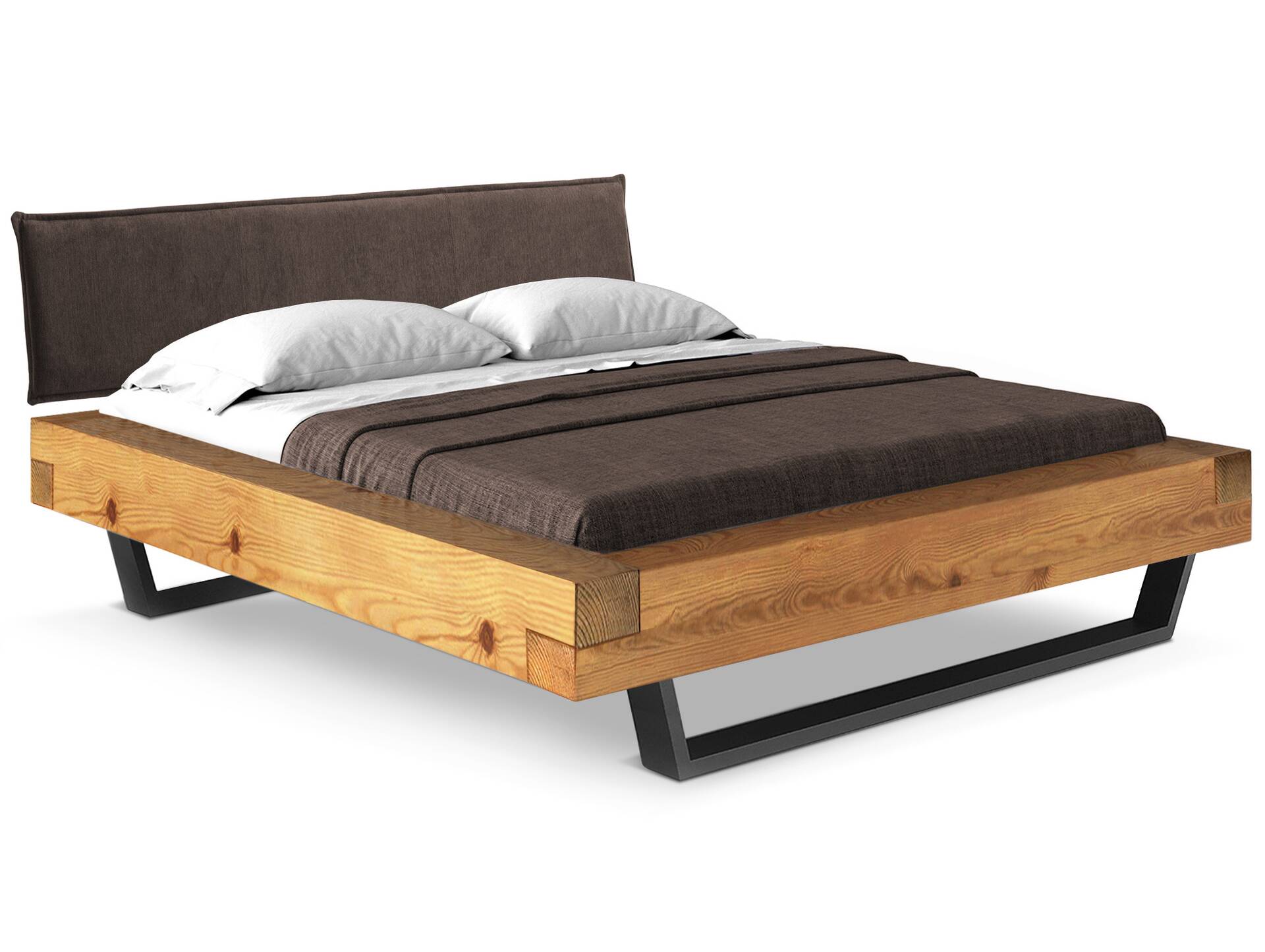 CURBY Balkenbett mit Polsterkopfteil, Kufenfuß, Material Massivholz 140 x 220 cm | natur | Stoff Braun