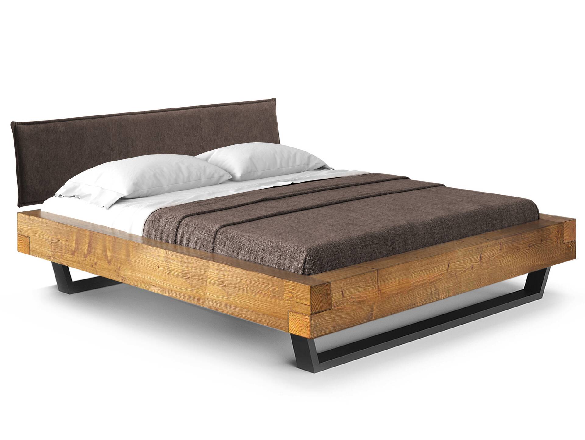 CURBY Balkenbett mit Polsterkopfteil, Kufenfuß, Material Massivholz 140 x 200 cm | vintage | Stoff Braun