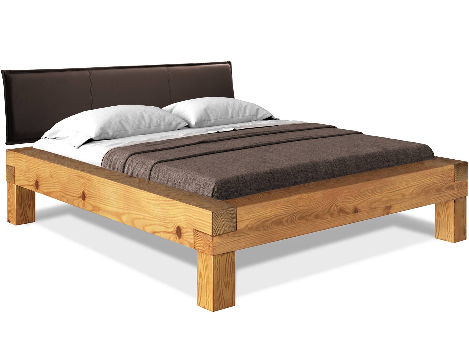 CURBY 4-Fuß-Balkenbett mit Polsterkopfteil, Material Massivholz, Thermo-Fichte 140 x 200 cm | natur | Kunstleder Braun | Standardhöhe