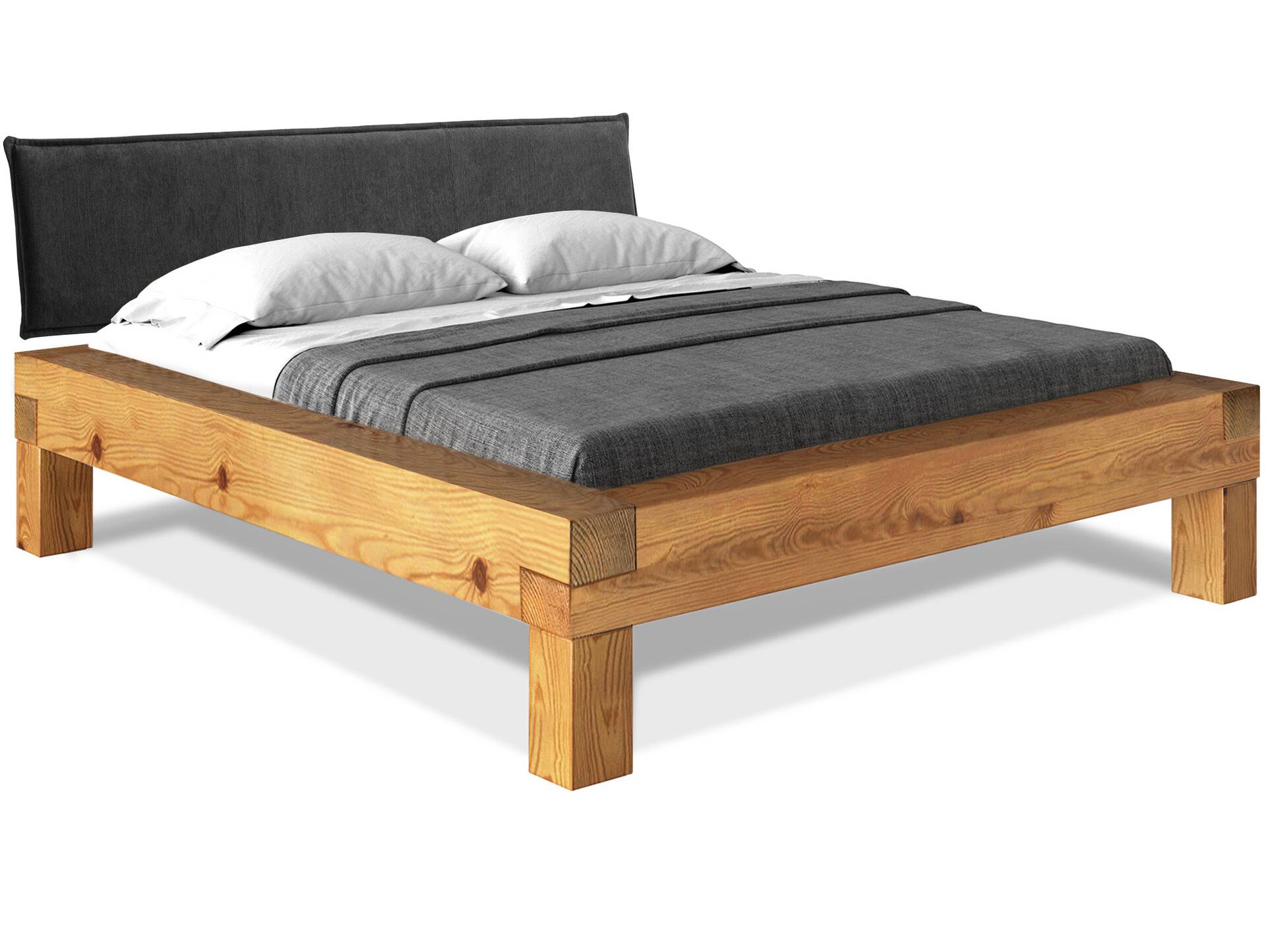 CURBY 4-Fuß-Balkenbett mit Polsterkopfteil, Material Massivholz, Thermo-Fichte 140 x 200 cm | natur | Stoff Anthrazit | Standardhöhe