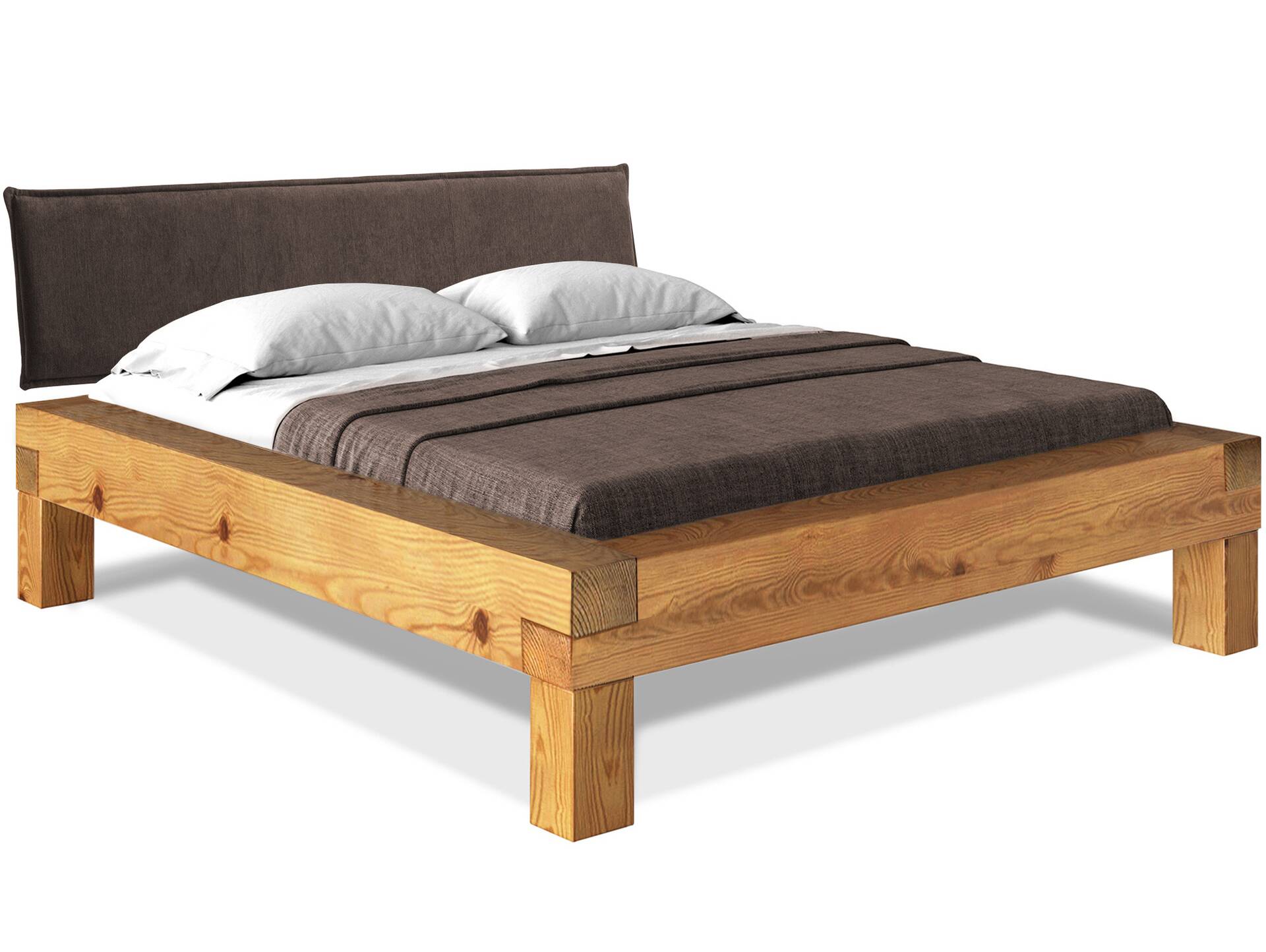 CURBY 4-Fuß-Balkenbett mit Polsterkopfteil, Material Massivholz, Thermo-Fichte 140 x 200 cm | natur | Stoff Braun | Standardhöhe