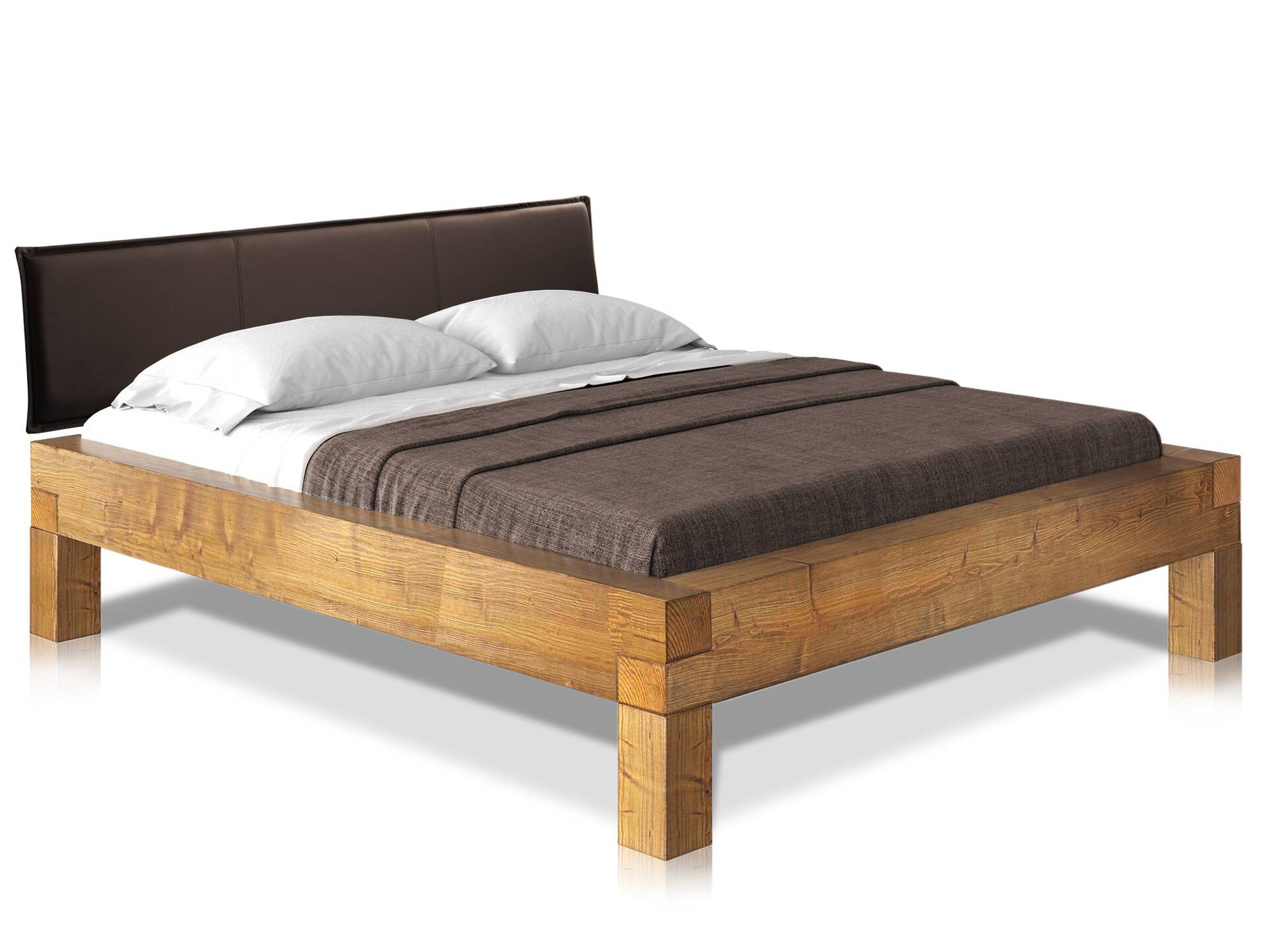 CURBY 4-Fuß-Balkenbett mit Polsterkopfteil, Material Massivholz, Thermo-Fichte 140 x 220 cm | vintage | Kunstleder Braun | Standardhöhe