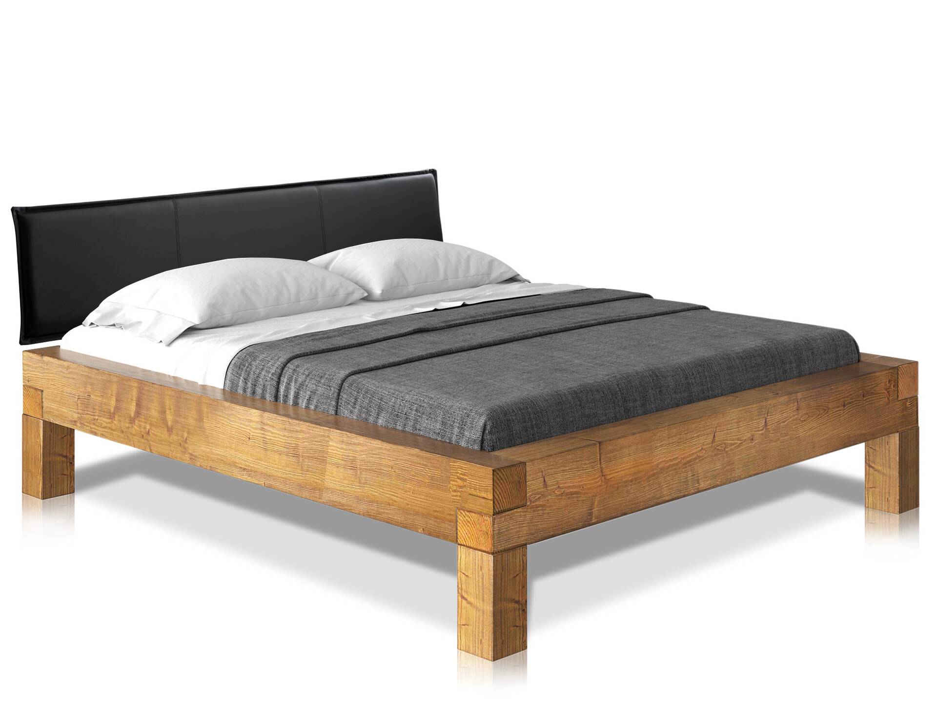 CURBY 4-Fuß-Balkenbett mit Polsterkopfteil, Material Massivholz, Thermo-Fichte 140 x 200 cm | vintage | Kunstleder Braun | Standardhöhe