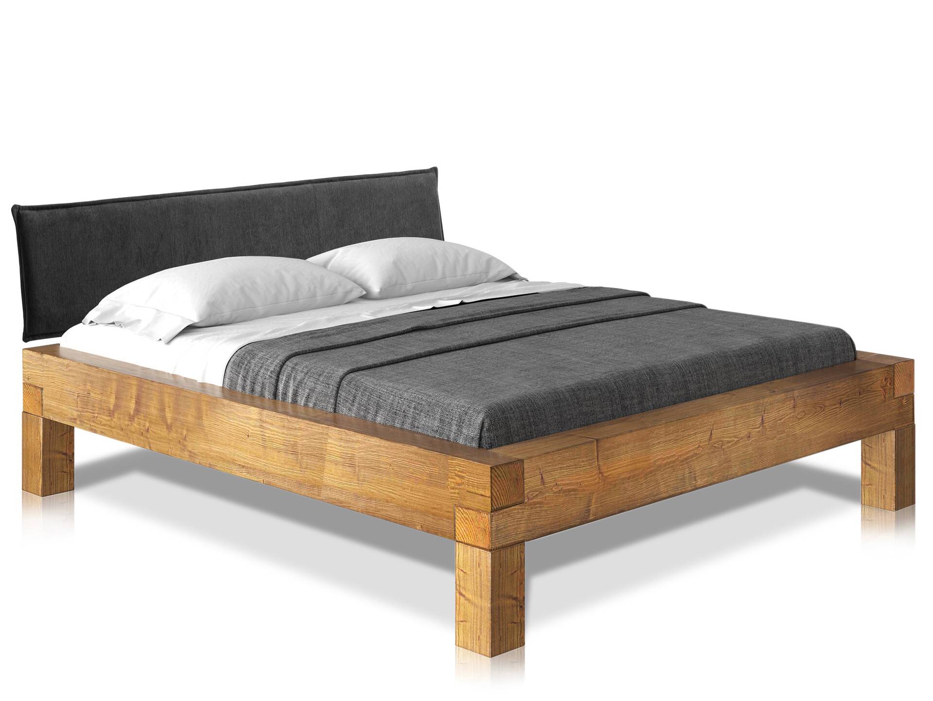 CURBY 4-Fuß-Balkenbett mit Polsterkopfteil, Material Massivholz, Thermo-Fichte 160 x 220 cm | vintage | Stoff Anthrazit | Standardhöhe