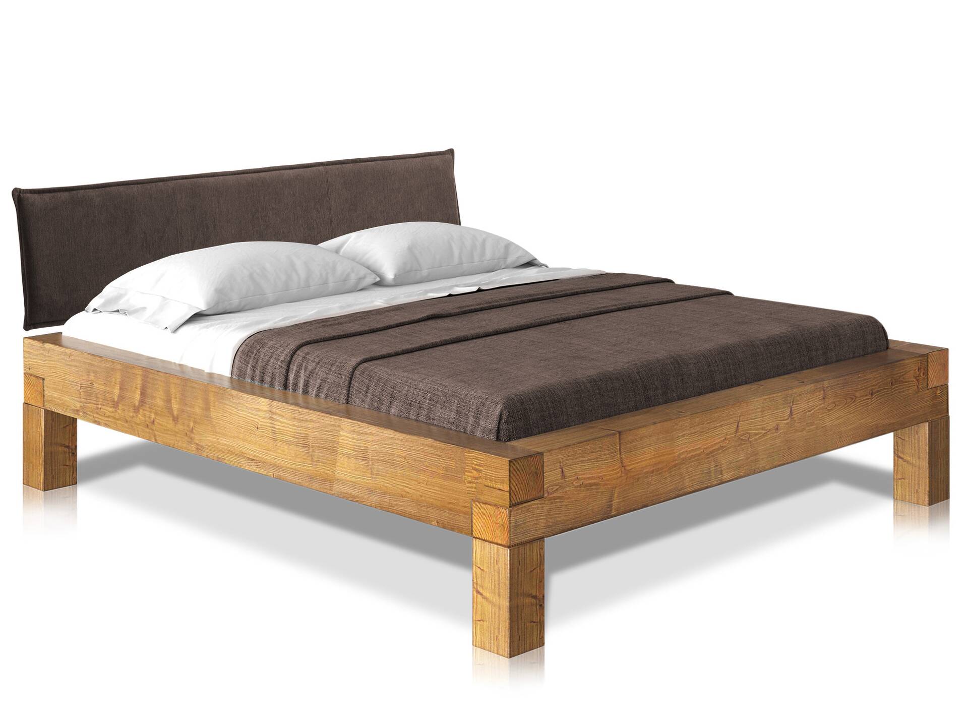 CURBY 4-Fuß-Balkenbett mit Polsterkopfteil, Material Massivholz, Thermo-Fichte 140 x 200 cm | vintage | Stoff Braun | Standardhöhe