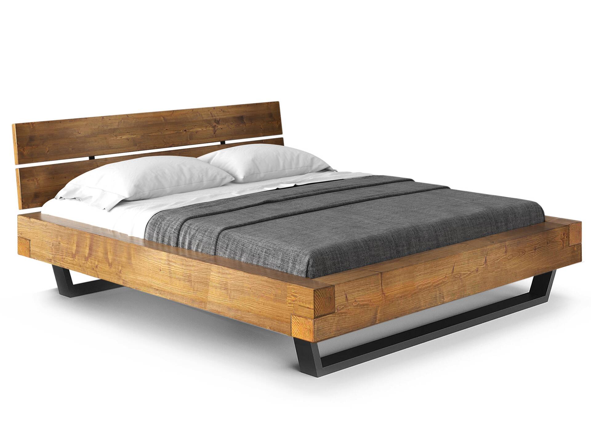 CURBY Balkenbett mit Holz-Kopfteil, Kufenfuß, Material Massivholz 140 x 200 cm | vintage
