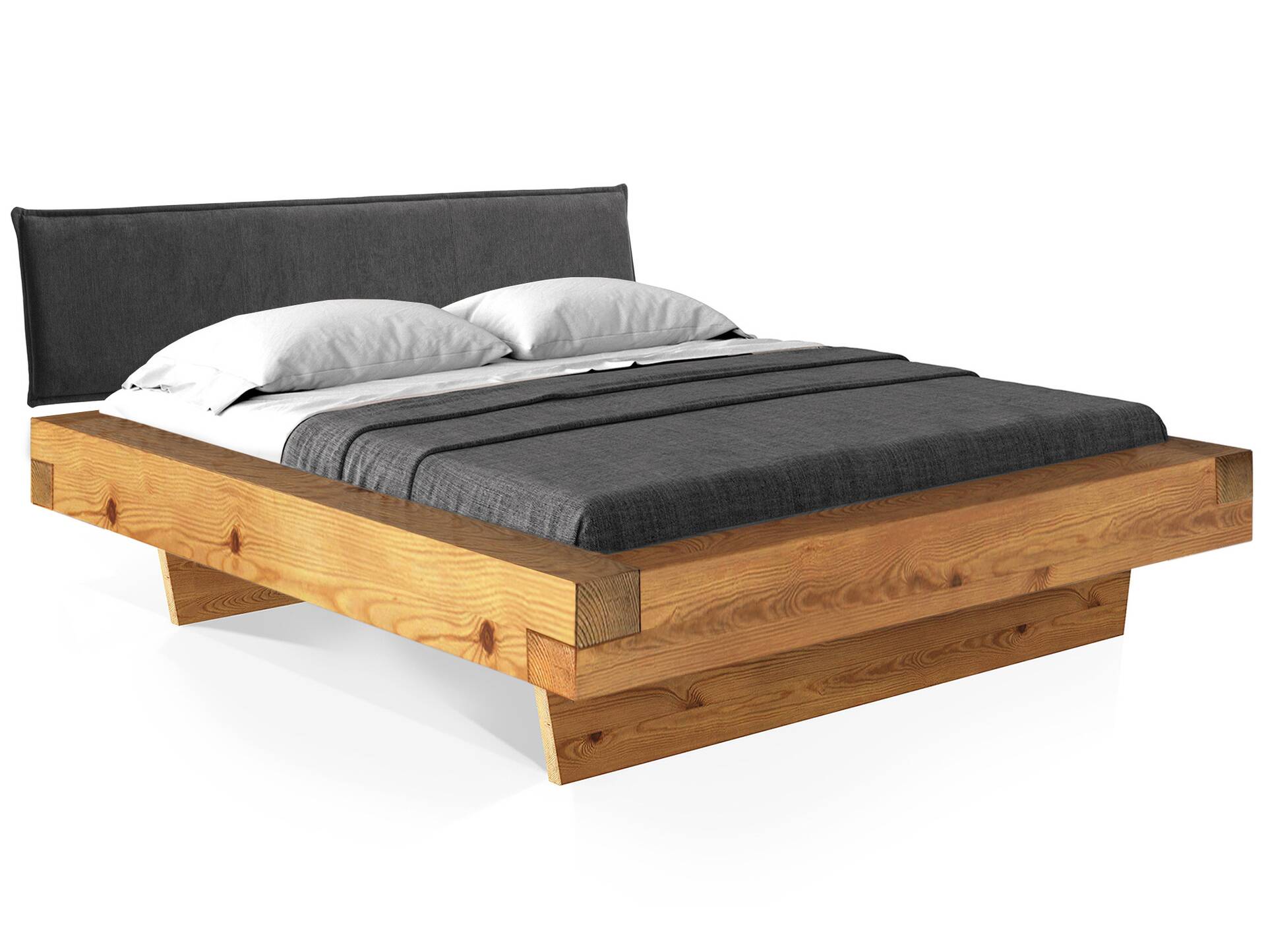 CURBY Balkenbett mit Polsterkopfteil, Wangenfuß, Material Massivholz 140 x 200 cm | natur | Stoff Anthrazit