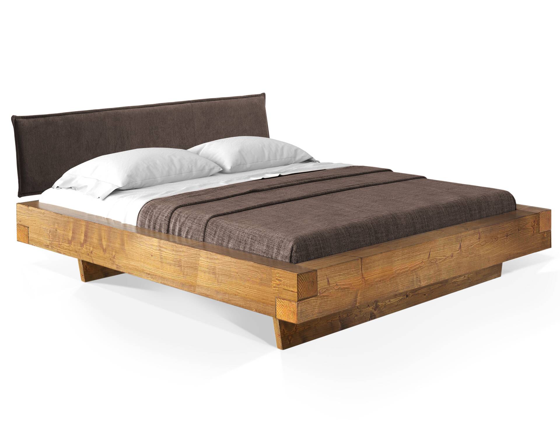 CURBY Balkenbett mit Polsterkopfteil, Wangenfuß, Material Massivholz 140 x 200 cm | vintage | Stoff Braun