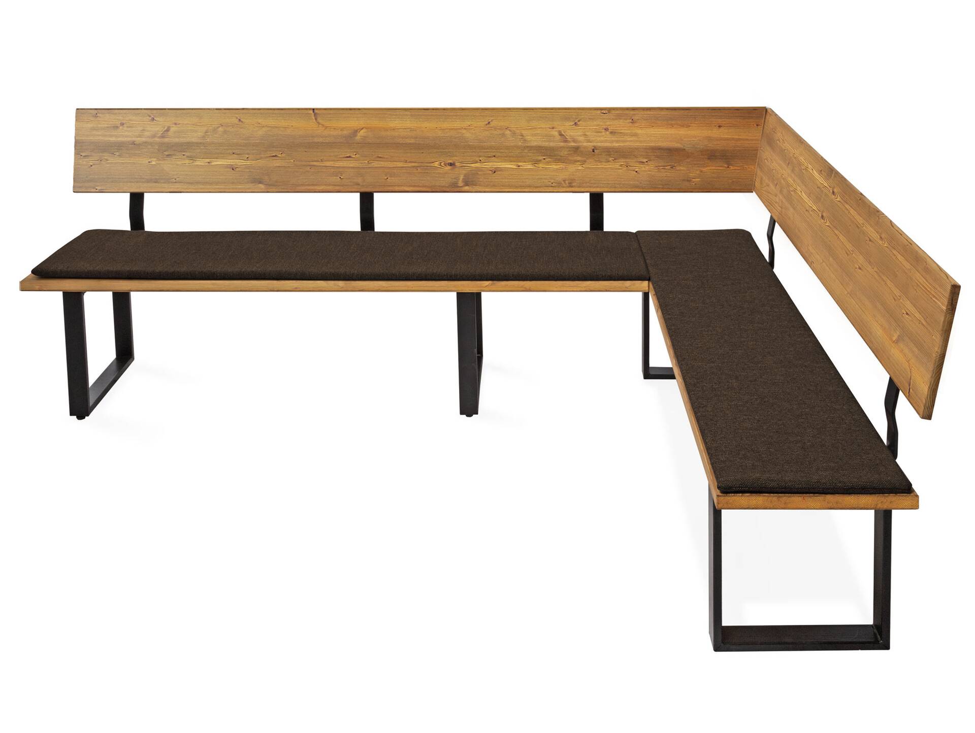 CURBY Eckbank, rustikale Altholzoptik, Material Massivholz, Fichte gebürstet 256 x 167 cm | vintage | inklusive Sitzkissen braun