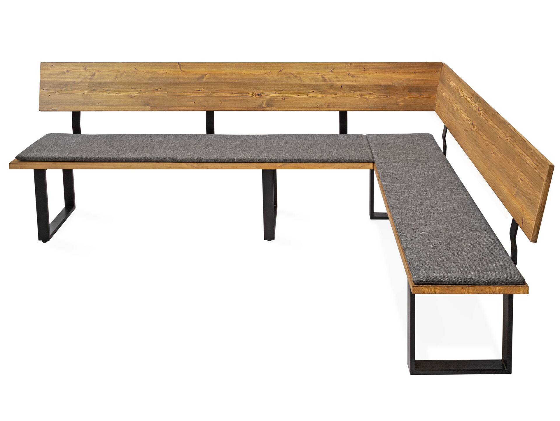 CURBY Eckbank, rustikale Altholzoptik, Material Massivholz, Fichte gebürstet 256 x 167 cm | vintage | inklusive Sitzkissen grau