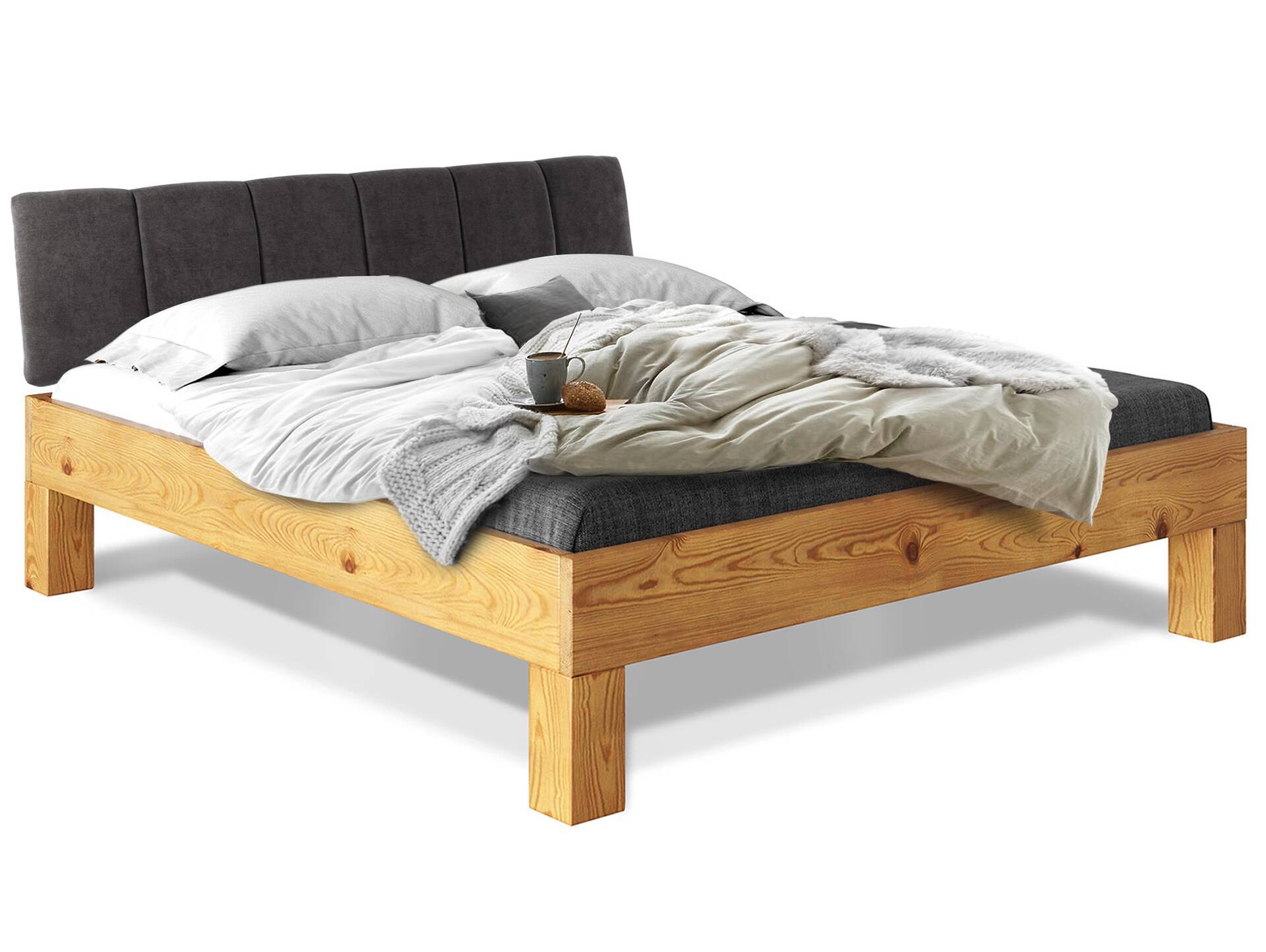 CURBY 4-Fuß-Bett mit Polsterkopfteil, Material Massivholz, rustikale Altholzoptik, Fichte 180 x 220 cm | natur | Stoff Anthrazit mit Steppung | Standardhöhe