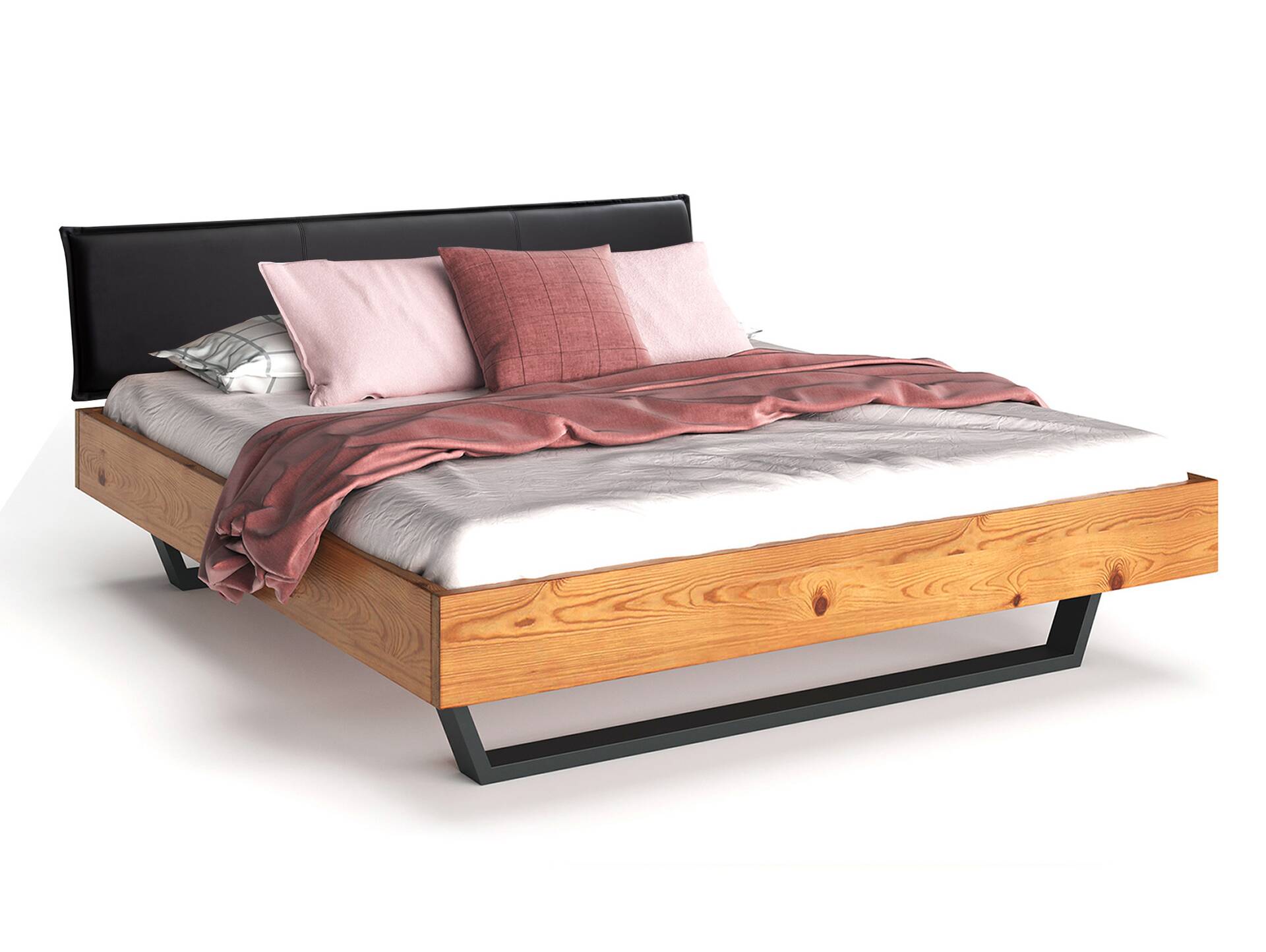 CURBY Kufenbett mit Polsterkopfteil, Material Massivholz, rustikale Altholzoptik, Fichte, Kufen schwarz 140 x 200 cm | natur | Kunstleder Schwarz ohne Steppung
