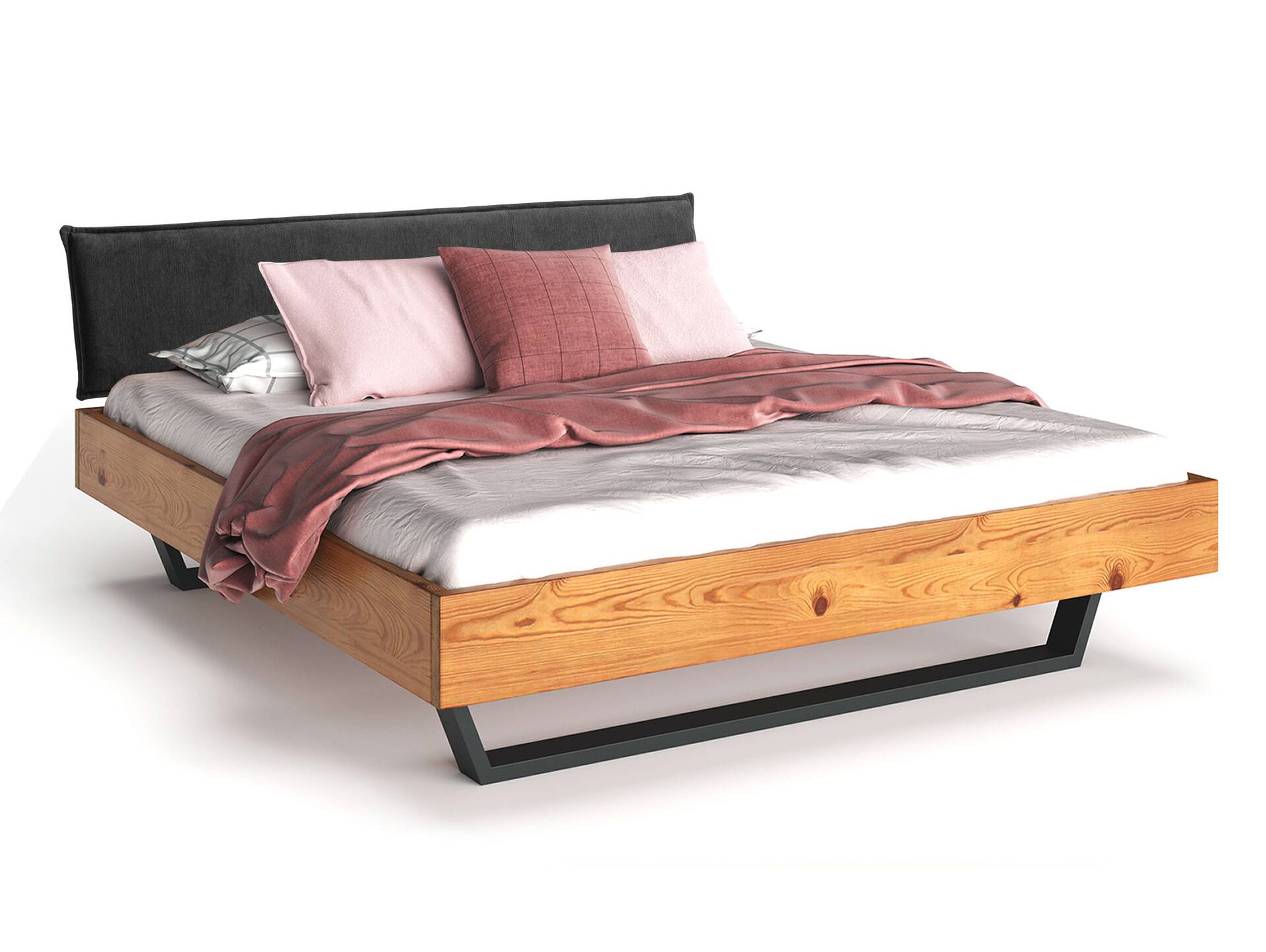 CURBY Kufenbett mit Polsterkopfteil, Material Massivholz, rustikale Altholzoptik, Fichte, Kufen schwarz 120 x 200 cm | natur | Stoff Anthrazit ohne Steppung