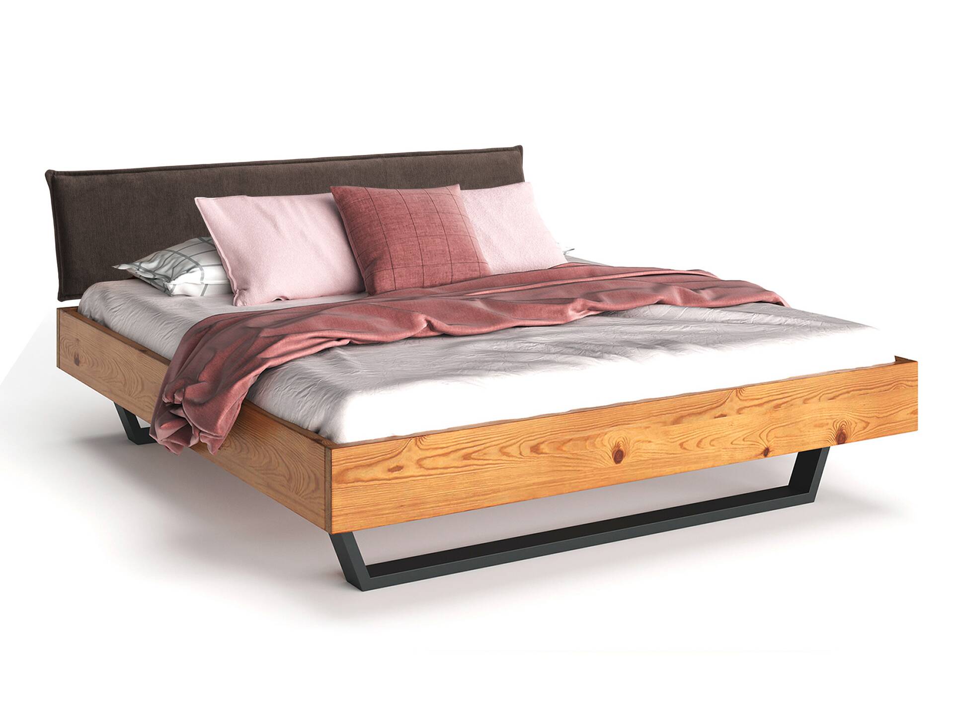 CURBY Kufenbett mit Polsterkopfteil, Material Massivholz, rustikale Altholzoptik, Fichte, Kufen schwarz 120 x 200 cm | natur | Stoff Braun ohne Steppung