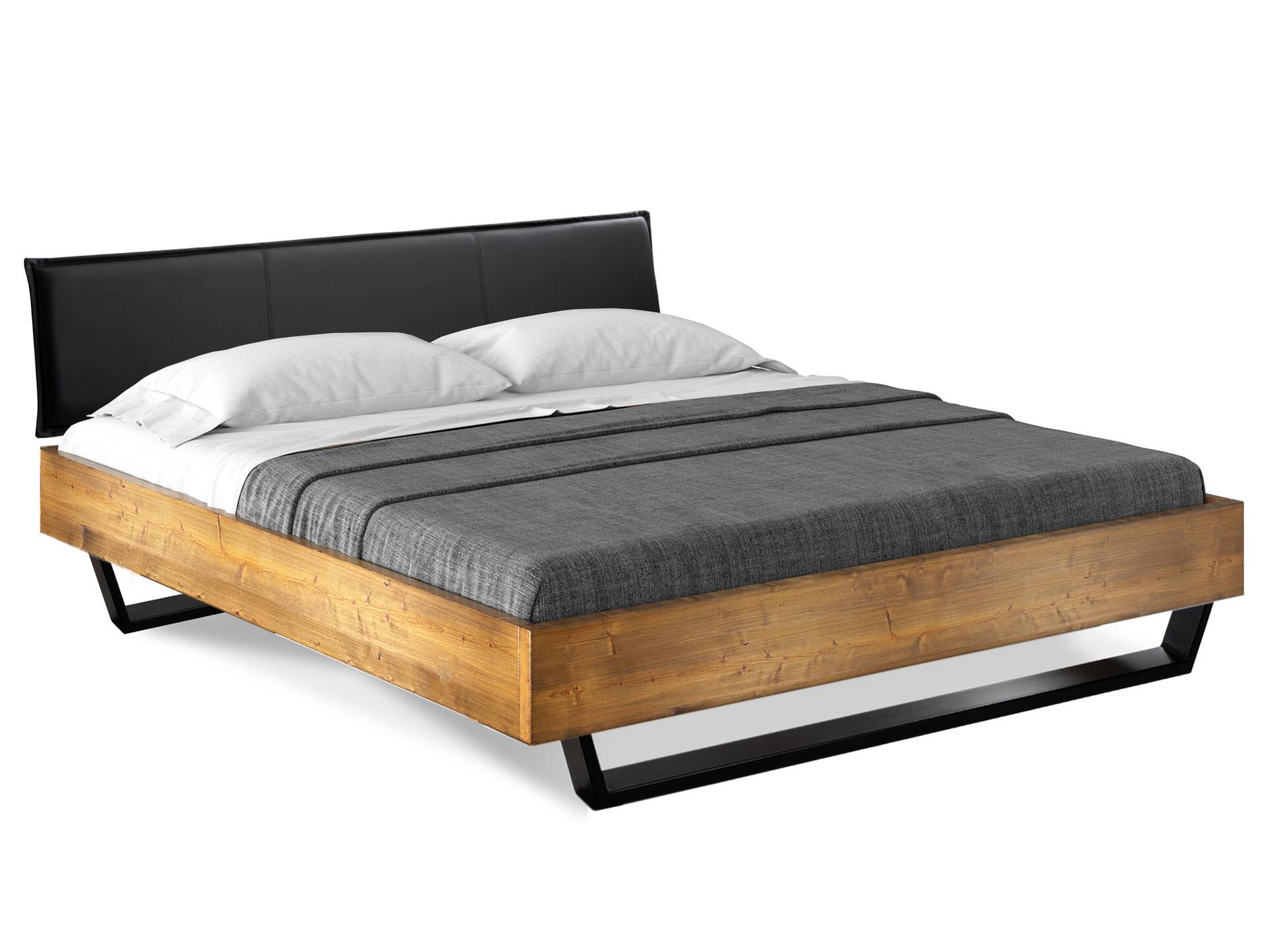 CURBY Kufenbett mit Polsterkopfteil, Material Massivholz, rustikale Altholzoptik, Fichte, Kufen schwarz 180 x 220 cm | vintage | Kunstleder Schwarz ohne Steppung