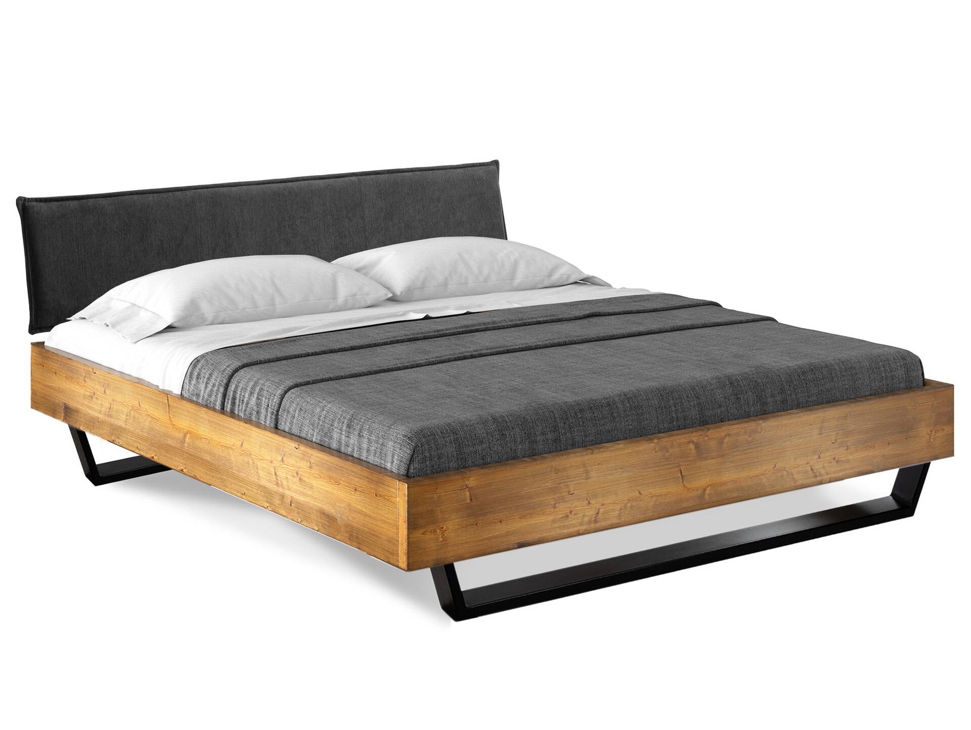 CURBY Kufenbett mit Polsterkopfteil, Material Massivholz, rustikale Altholzoptik, Fichte, Kufen schwarz 140 x 200 cm | vintage | Stoff Anthrazit ohne Steppung