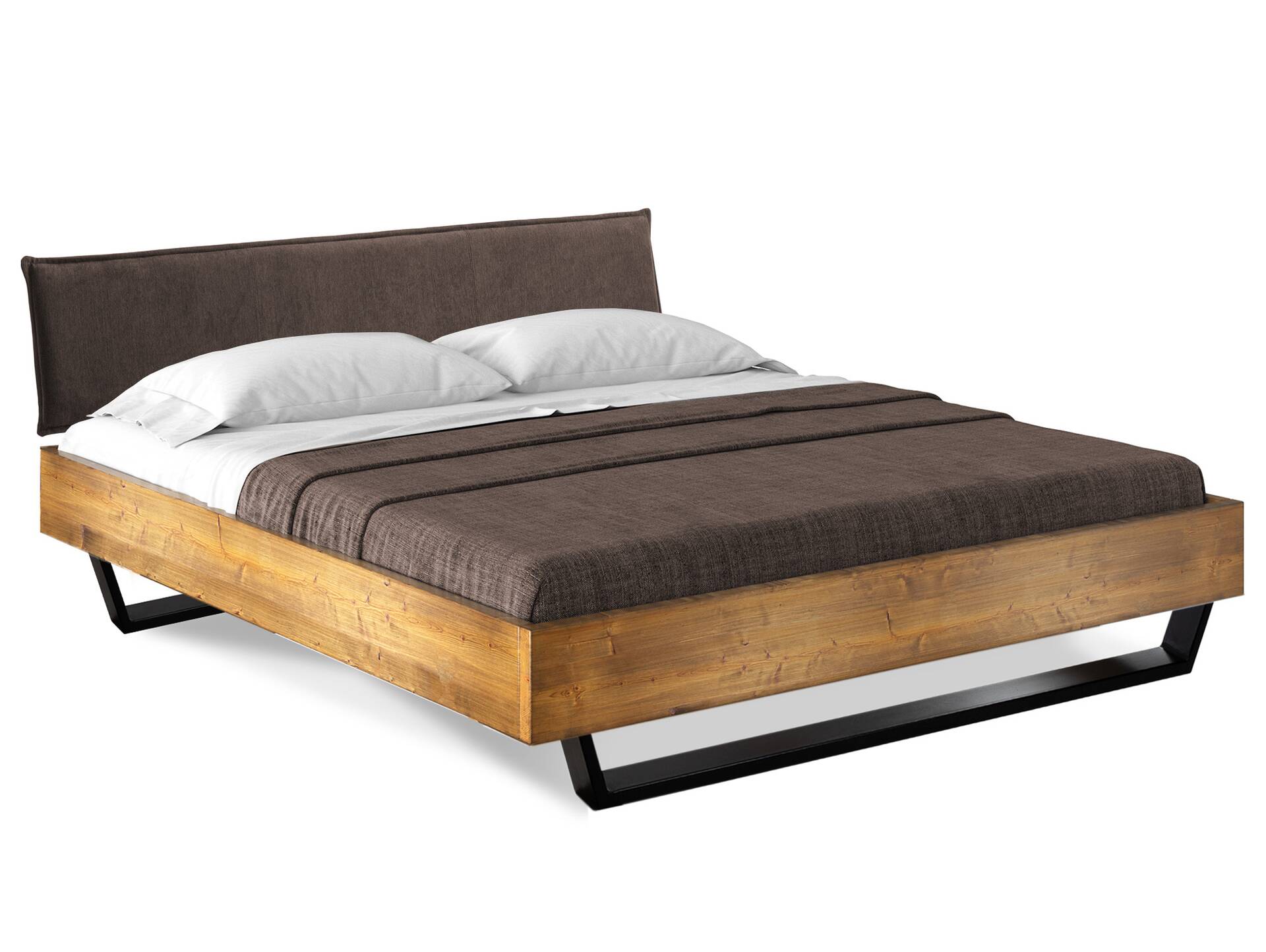 CURBY Kufenbett mit Polsterkopfteil, Material Massivholz, rustikale Altholzoptik, Fichte, Kufen schwarz 140 x 200 cm | vintage | Stoff Braun ohne Steppung