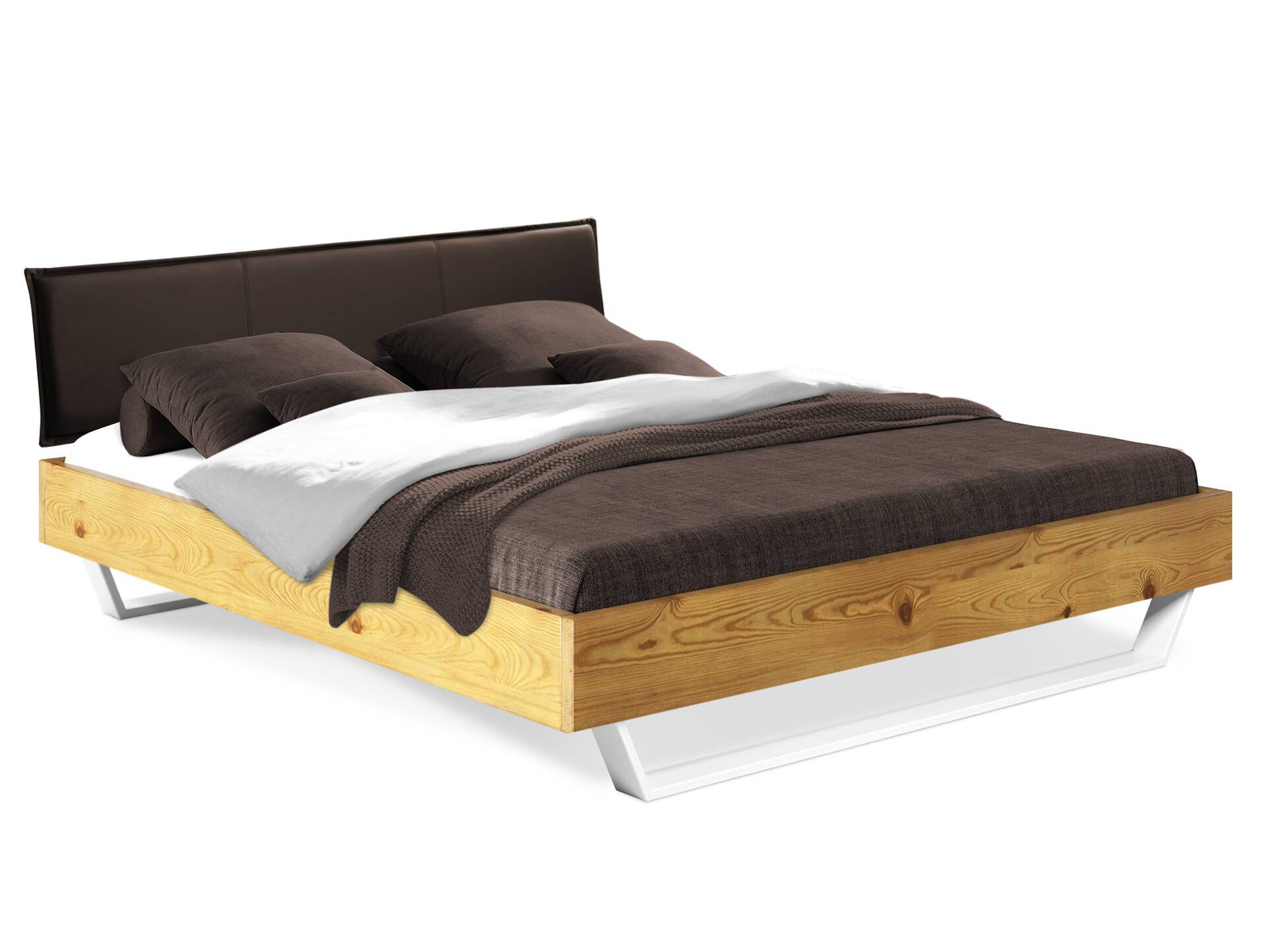 CURBY Kufenbett mit Polster-Kopfteil, Material Massivholz, rustikale Altholzoptik, Fichte, Kufen Weiß 120 x 200 cm | natur | Kunstleder Braun