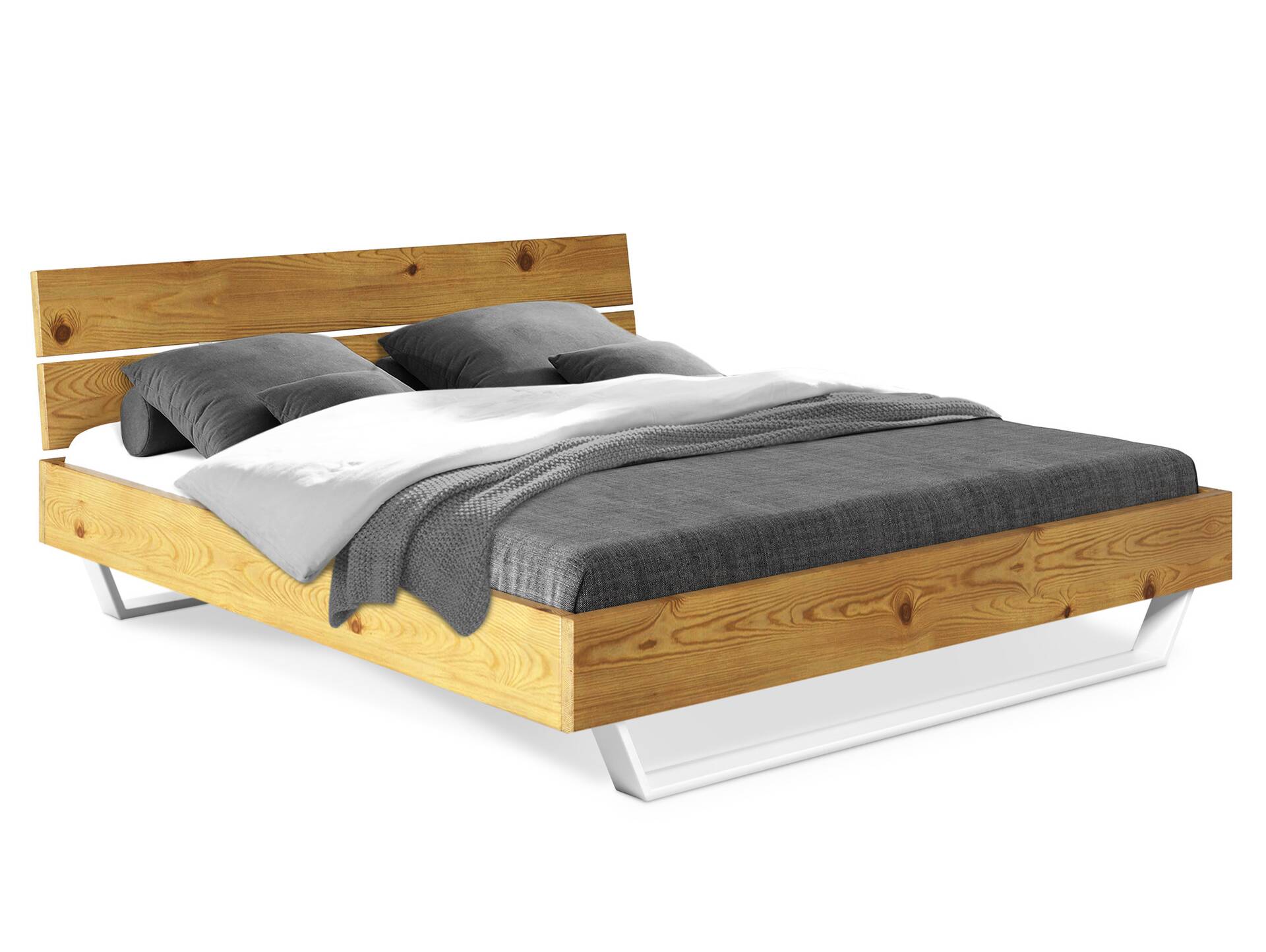 CURBY Kufenbett mit Kopfteil, Material Massivholz, rustikale Altholzoptik, Kufen weiss 120 x 200 cm | natur