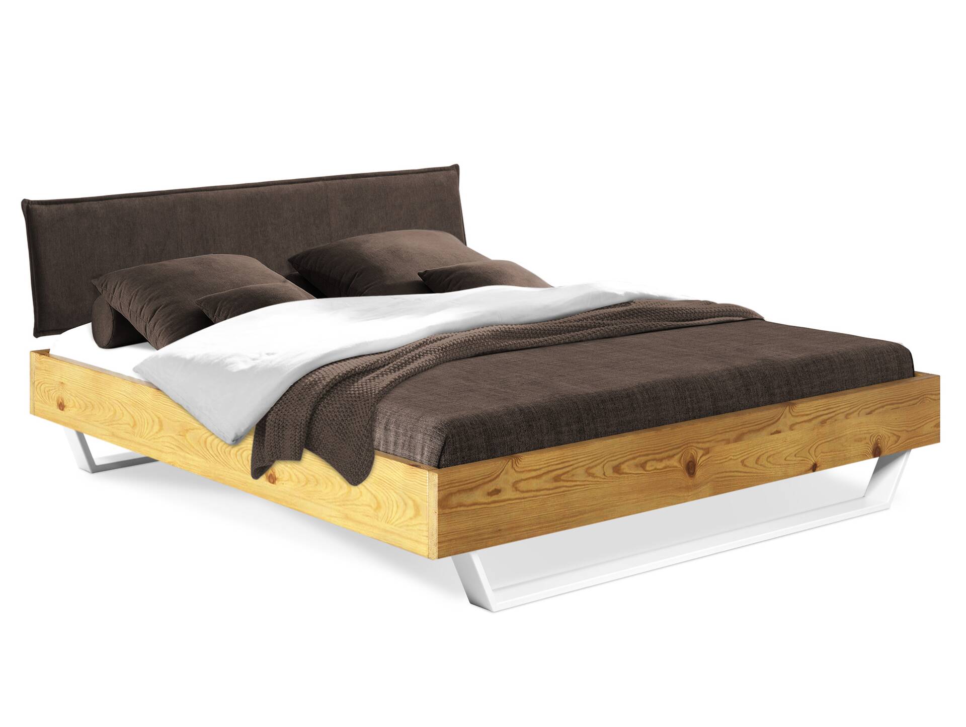 CURBY Kufenbett mit Polsterkopfteil, Material Massivholz, rustikale Altholzoptik, Fichte, Kufen weiss 120 x 200 cm | natur | Stoff Braun