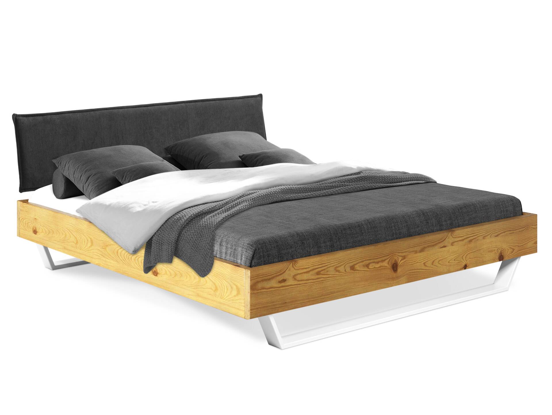 CURBY Kufenbett mit Polsterkopfteil, Material Massivholz, rustikale Altholzoptik, Fichte, Kufen weiss 120 x 200 cm | natur | Stoff Anthrazit