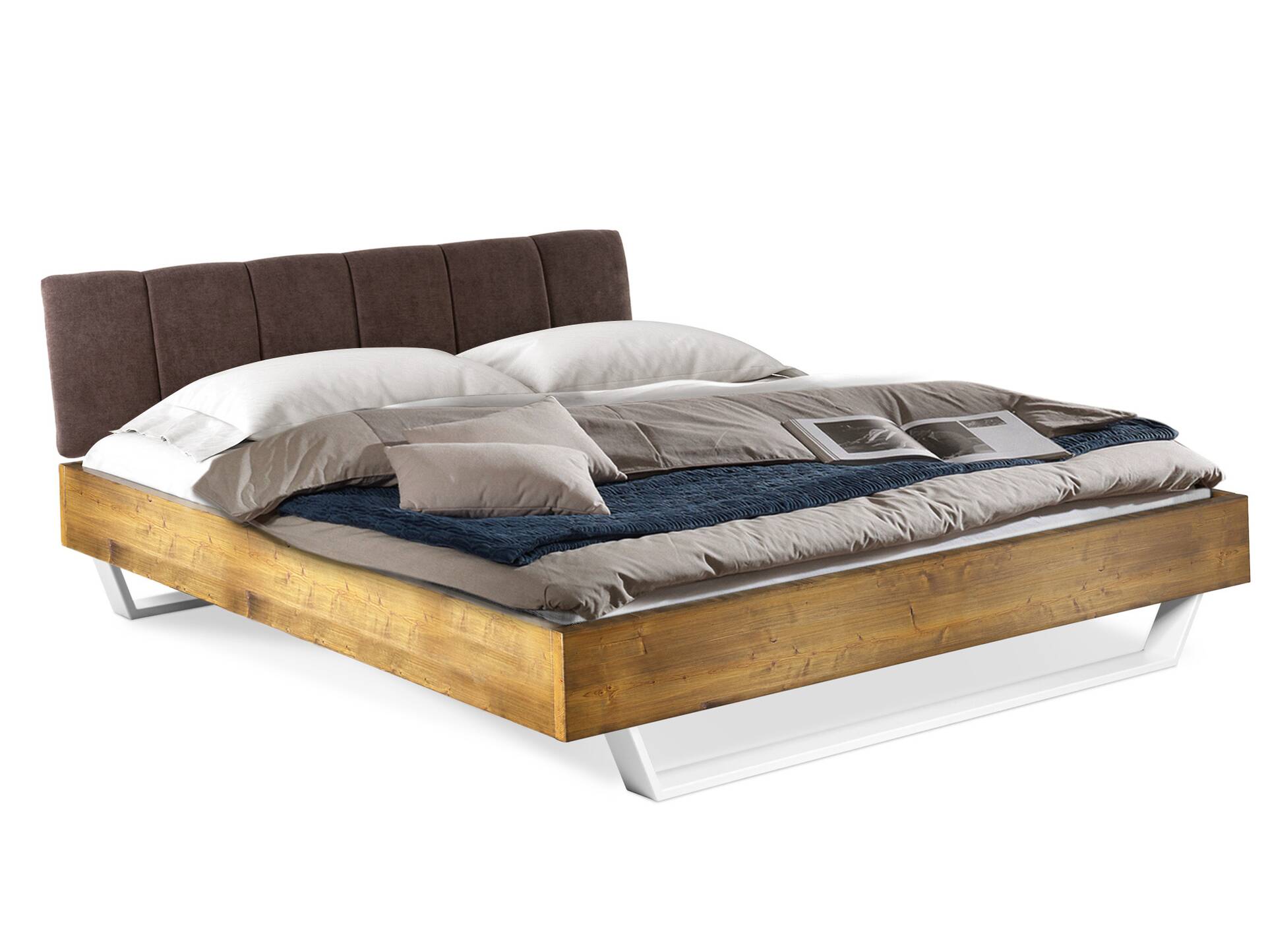CURBY Kufenbett mit gestepptem Kopfteil, Material Massivholz, rustikale Altholzoptik, Fichte, Kufen Weiß 140 x 200 cm | vintage | Stoff Braun