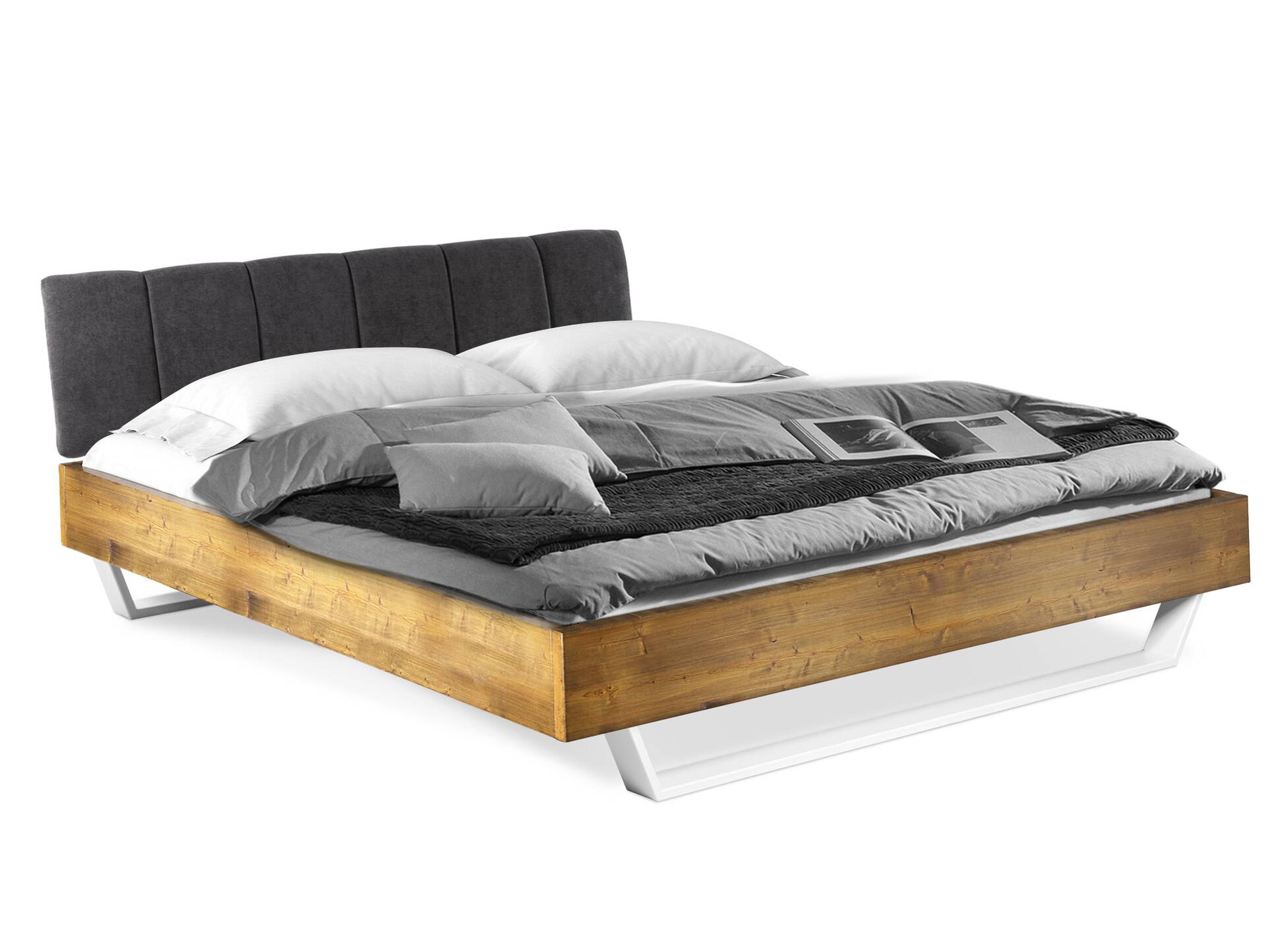 CURBY Kufenbett mit gestepptem Kopfteil, Material Massivholz, rustikale Altholzoptik, Fichte, Kufen Weiß 140 x 200 cm | vintage | Stoff Anthrazit