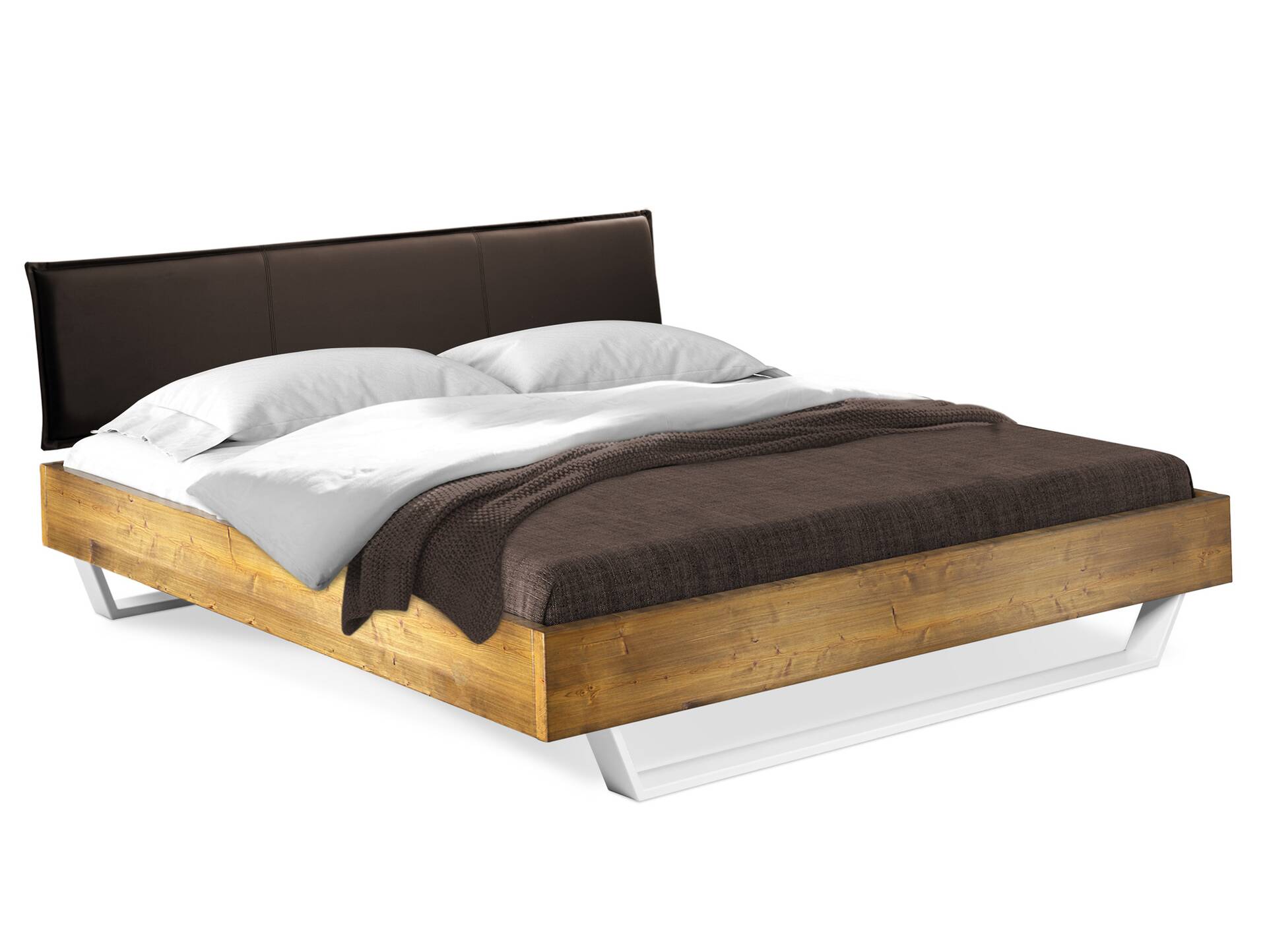 CURBY Kufenbett mit Polsterkopfteil, Material Massivholz, rustikale Altholzoptik, Fichte, Kufen weiss 140 x 200 cm | vintage | Kunstleder Braun
