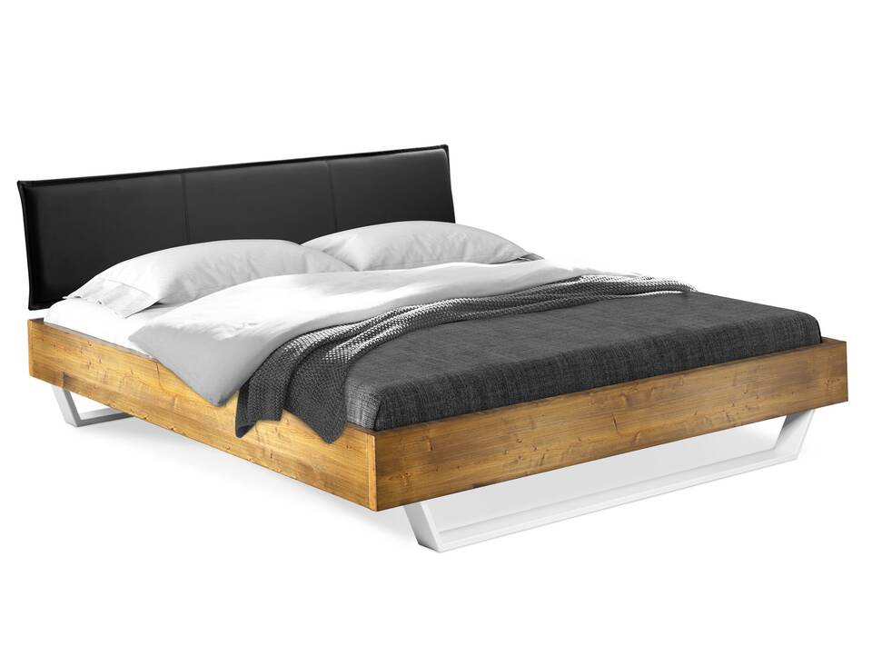 CURBY Kufenbett mit Polsterkopfteil, Material Massivholz, rustikale Altholzoptik, Fichte, Kufen weiss 120 x 200 cm | vintage | Kunstleder Schwarz