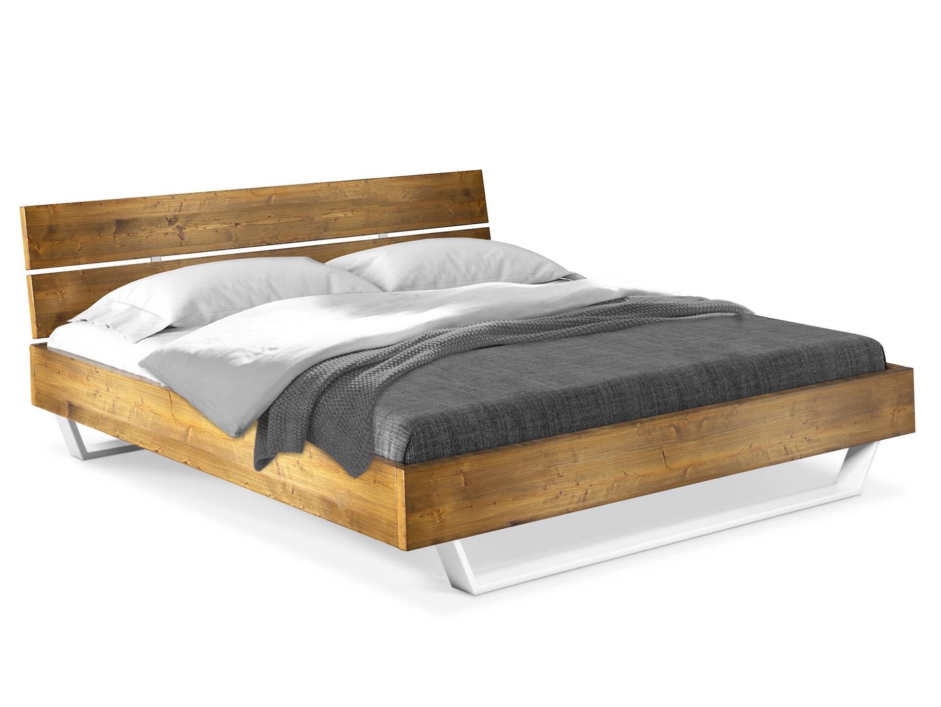 CURBY Kufenbett mit Kopfteil, Material Massivholz, rustikale Altholzoptik, Kufen weiss 140 x 200 cm | vintage